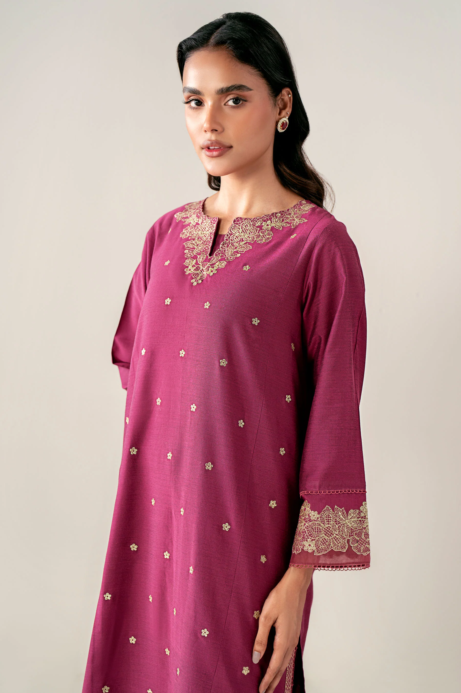 Stitched 2 Piece Embroidered Cotton Silk Suit - Image 2