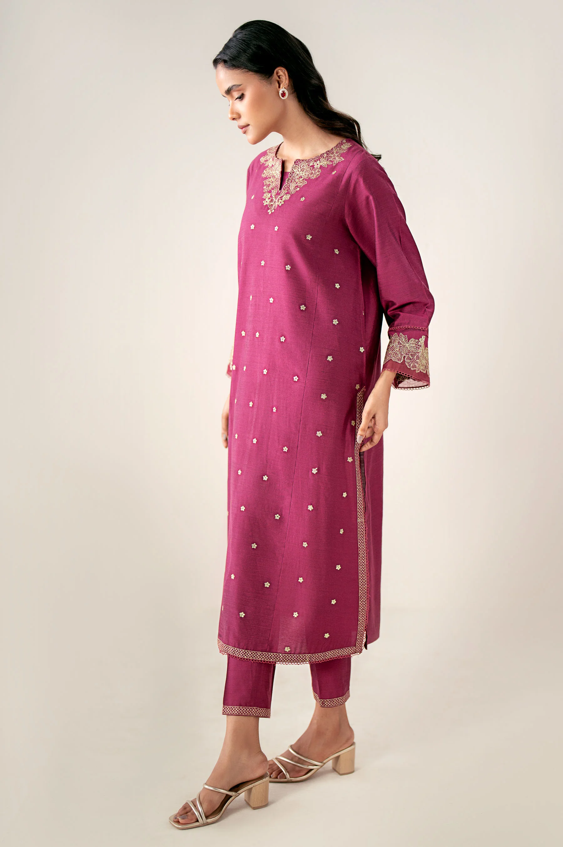 Stitched 2 Piece Embroidered Cotton Silk Suit - Image 3