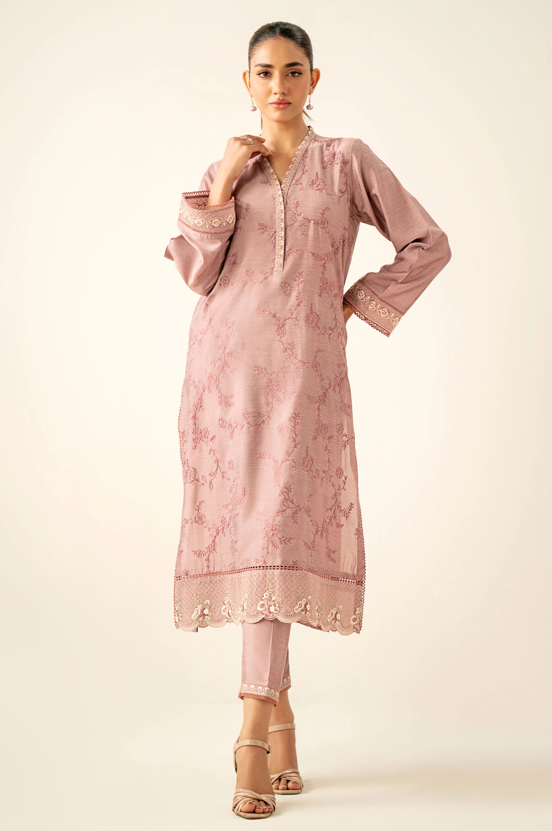 Stitched 2 Piece Embroidered Cotton Silk Suit - Image 3