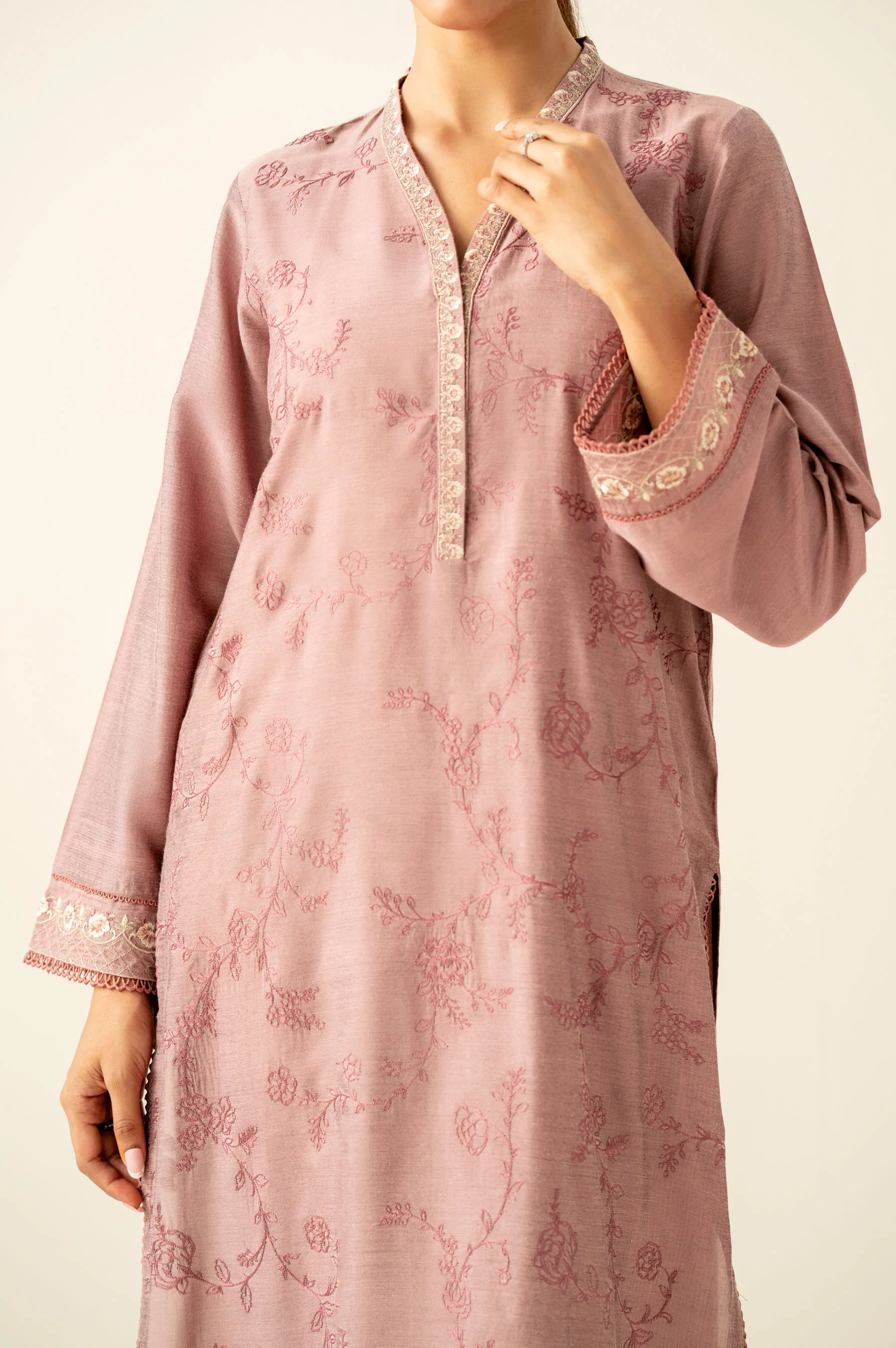 Stitched 2 Piece Embroidered Cotton Silk Suit - Image 4