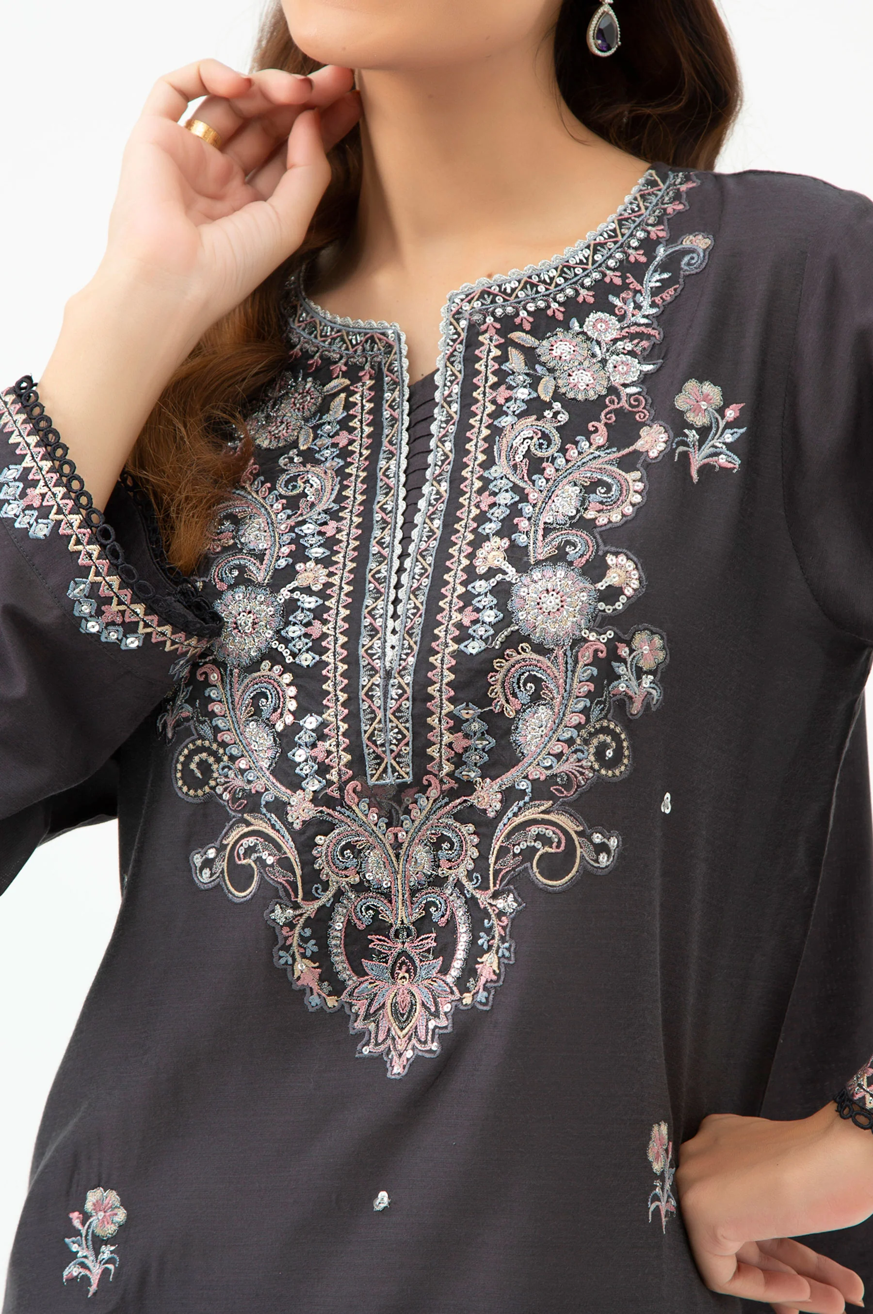 STITCHED EMBROIDERED COTTON SILK SHIRT BOTTOM - Image 2