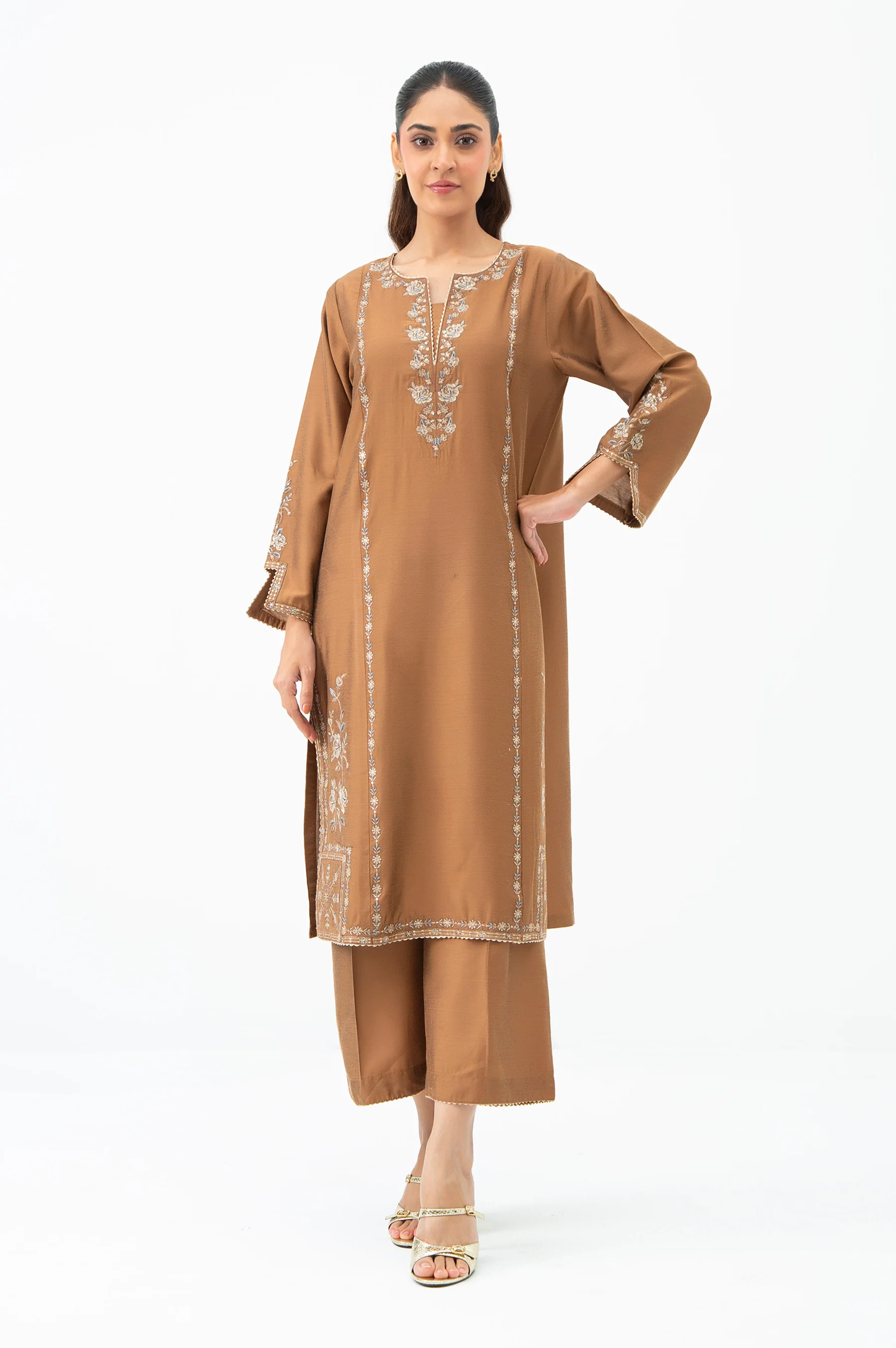 STITCHED EMBROIDERED COTTON SILK SHIRT BOTTOM