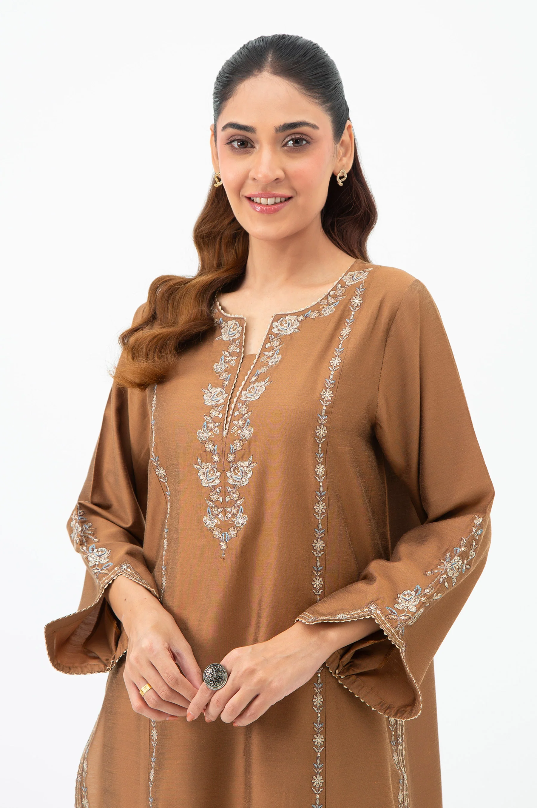 STITCHED EMBROIDERED COTTON SILK SHIRT BOTTOM - Image 2