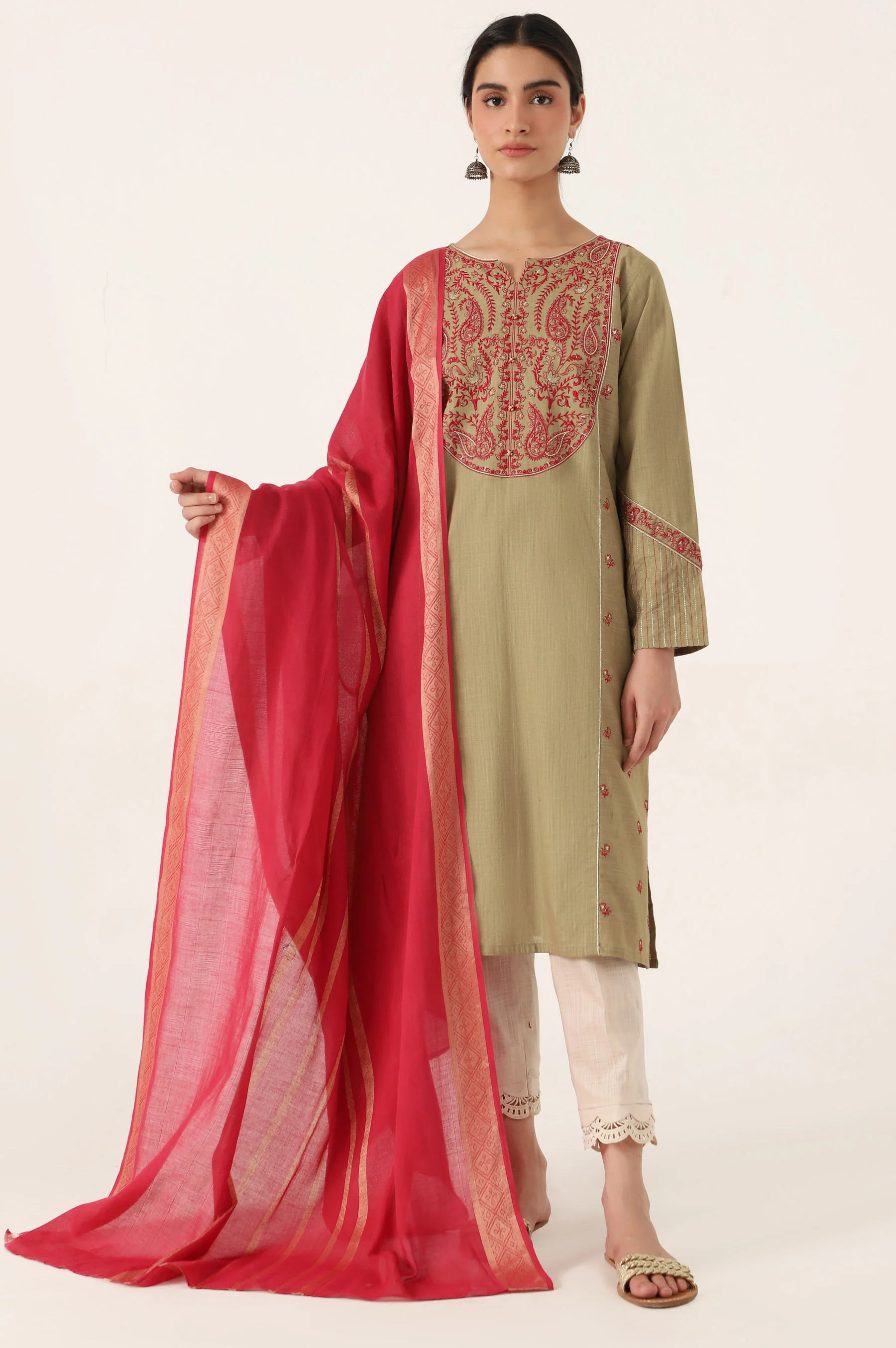 Stitched 2 Piece Embroidered Cotton Slub Suit - Image 2
