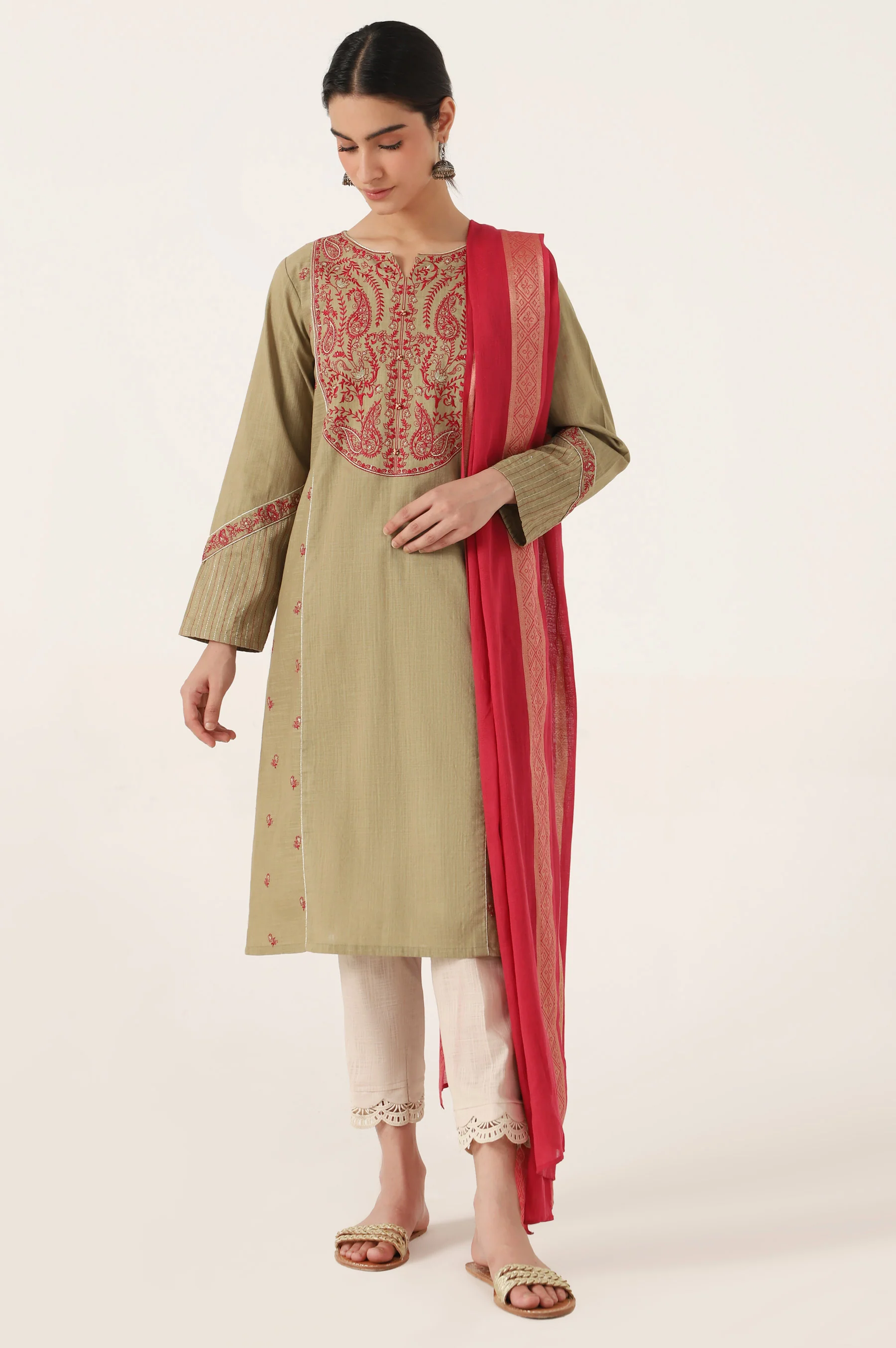 Stitched 2 Piece Embroidered Cotton Slub Suit - Image 4