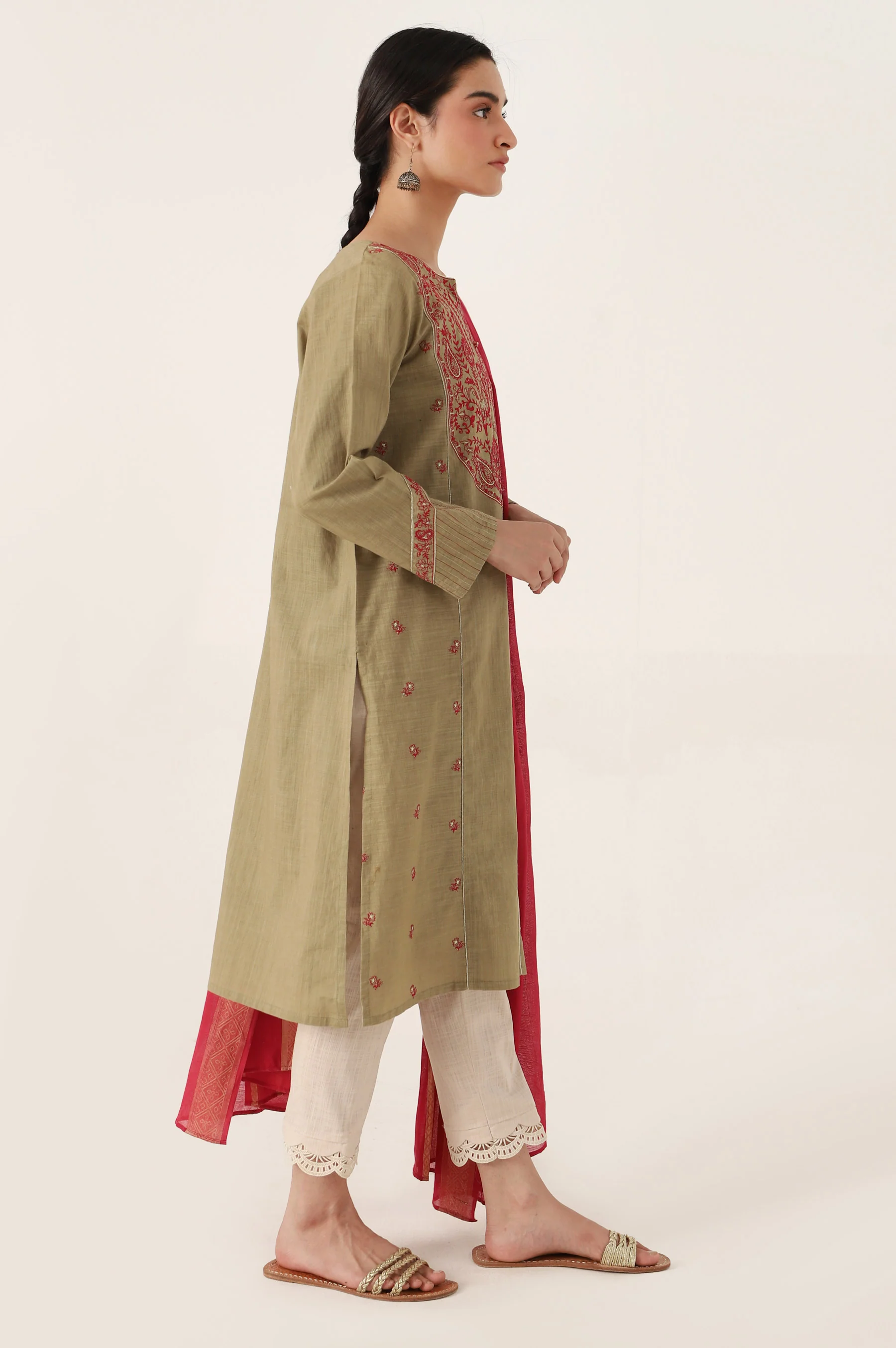 Stitched 2 Piece Embroidered Cotton Slub Suit - Image 5