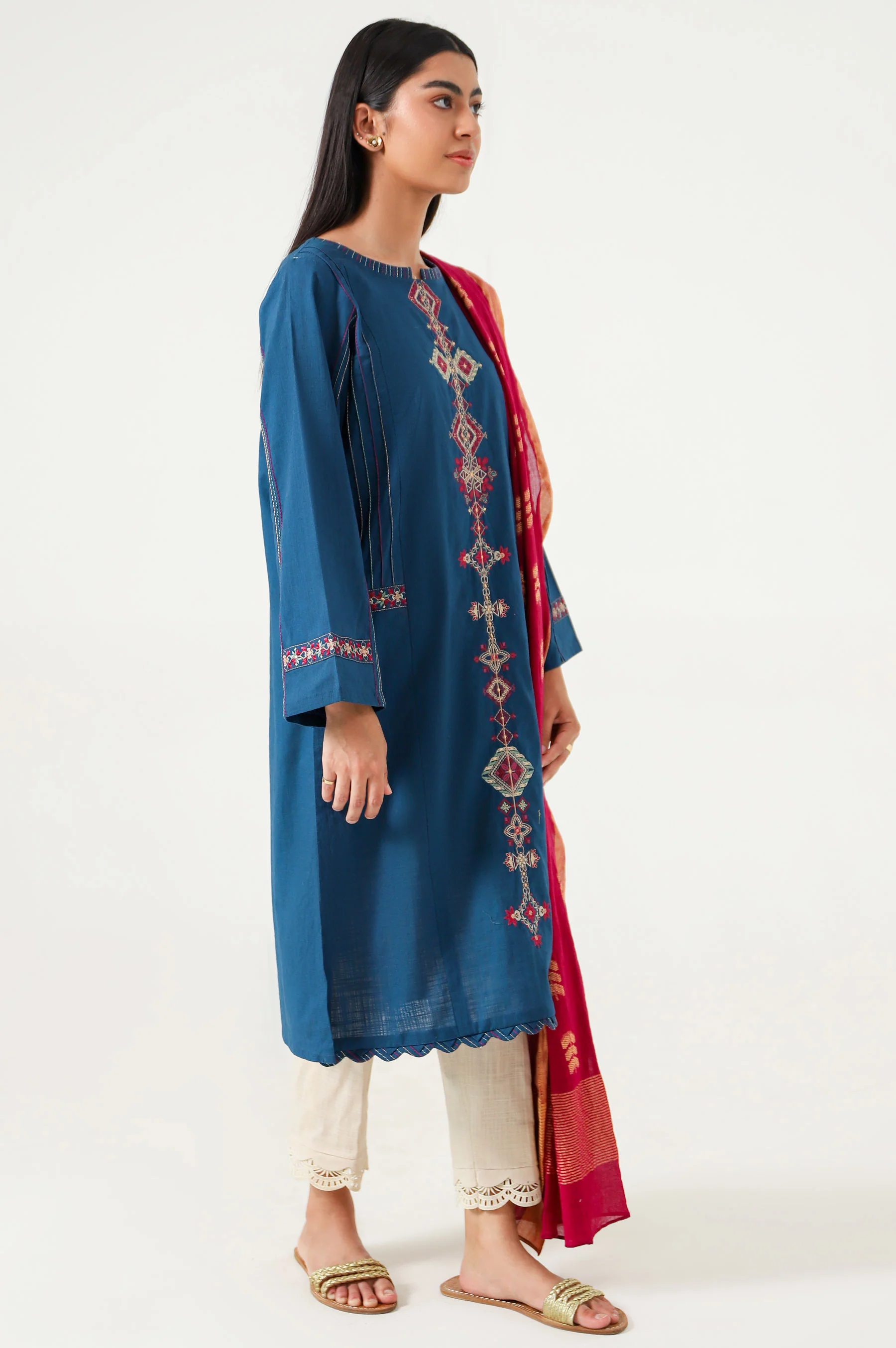 Stitched 2 Piece Embroidered Cotton Slub Suit - Image 5