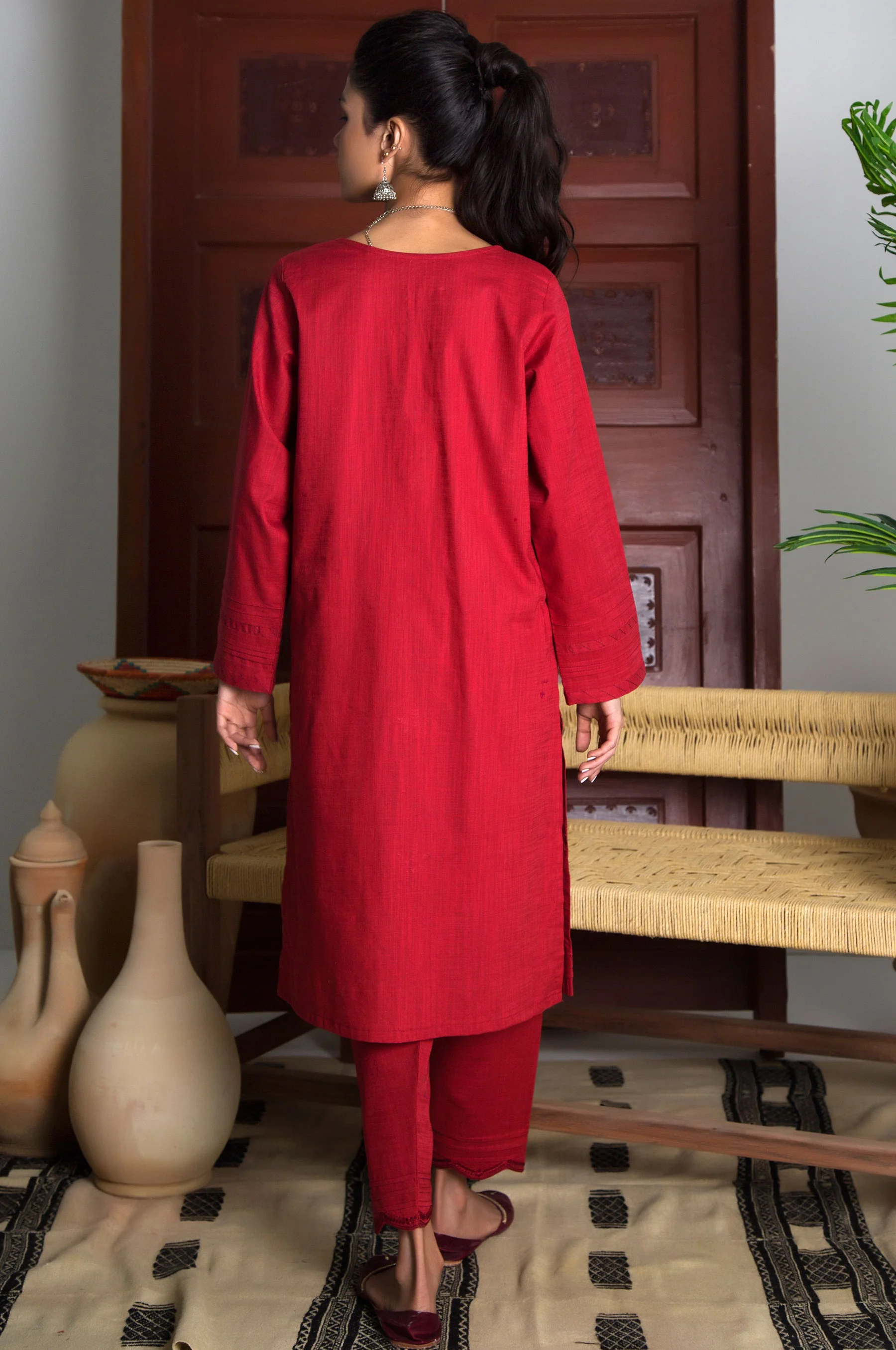 Stitched 2 Piece Embroidered Cotton Slub Suit - Image 2