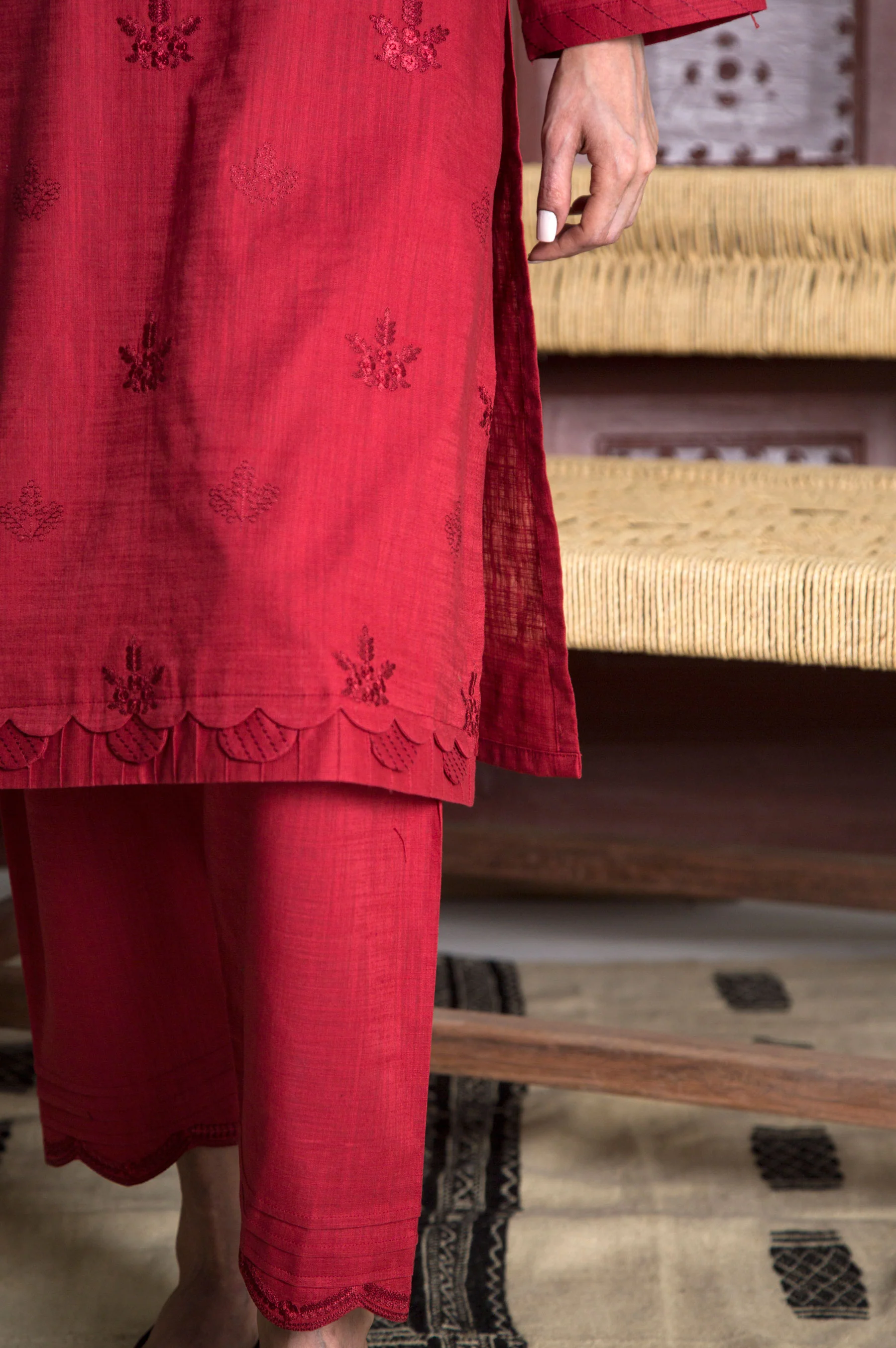 Stitched 2 Piece Embroidered Cotton Slub Suit - Image 5