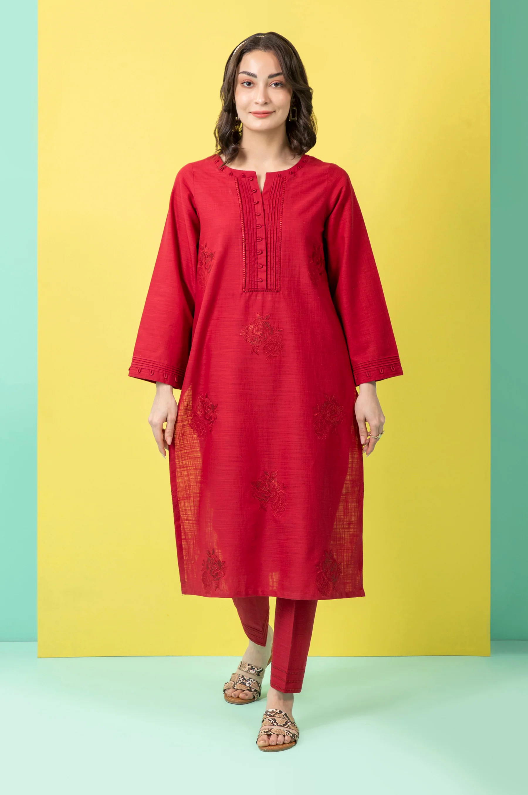 Stitched 2 Piece Embroidered Cotton Slub Suit - Image 6