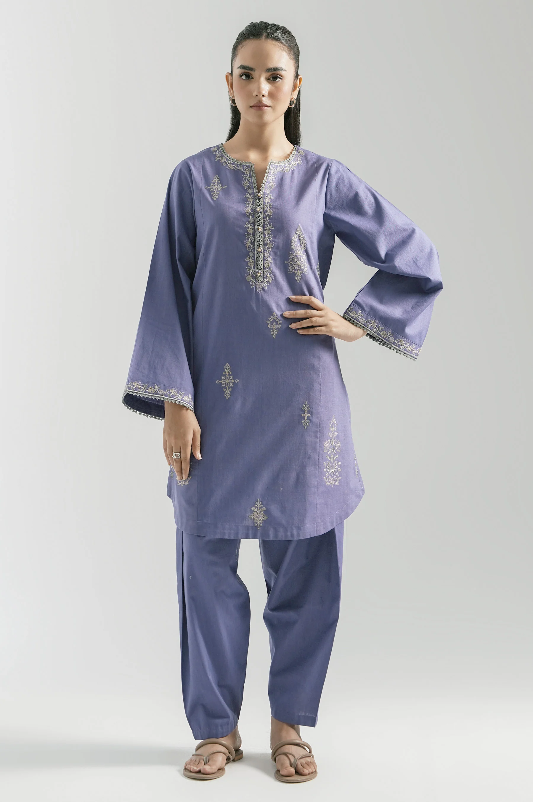 STITCHED EMBROIDERED COTTON SLUB SHIRT BOTTOM