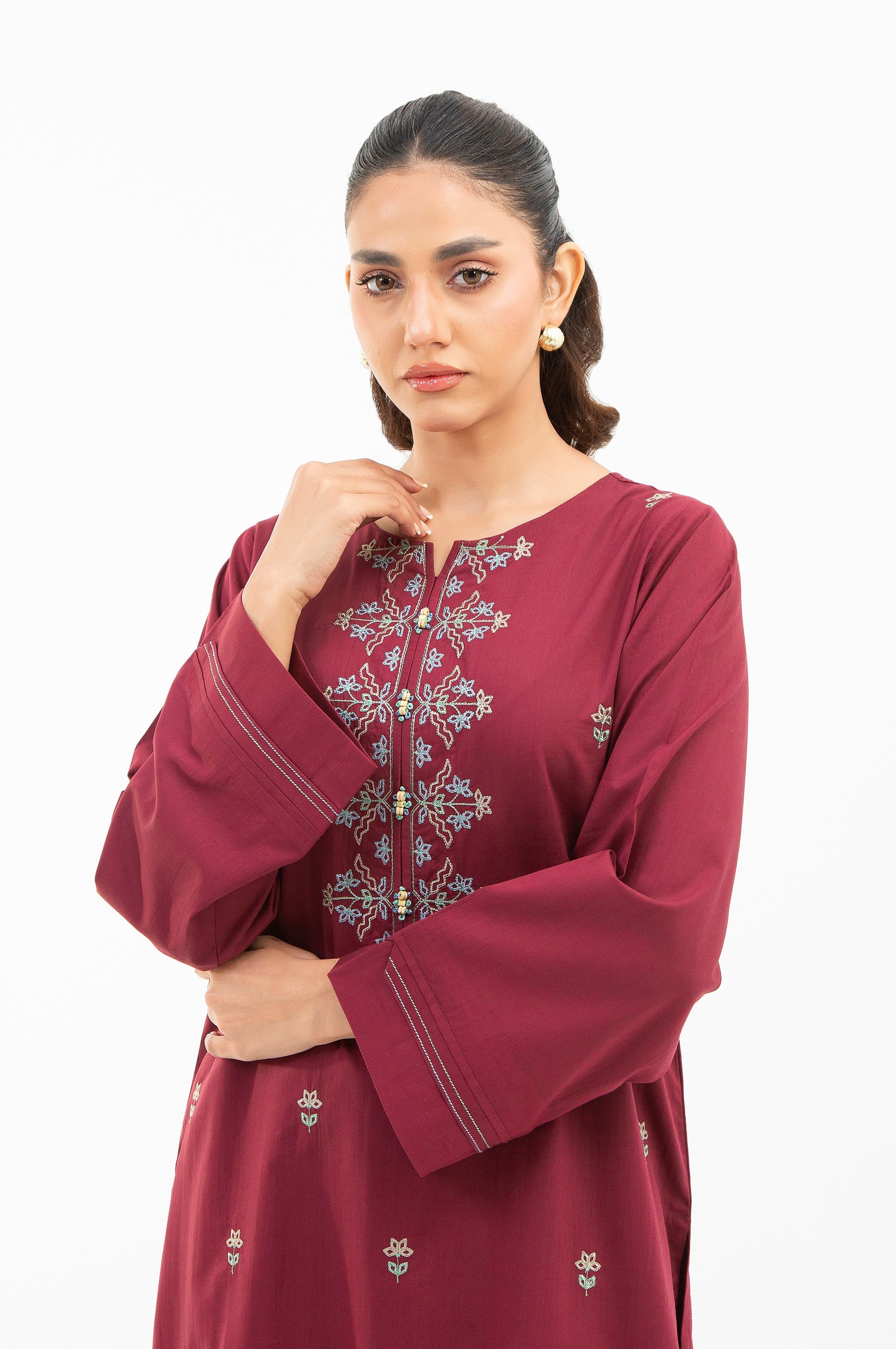 STITCHED EMBROIDERED COTTON VISCOSE SHIRT BOTTOM - Image 2