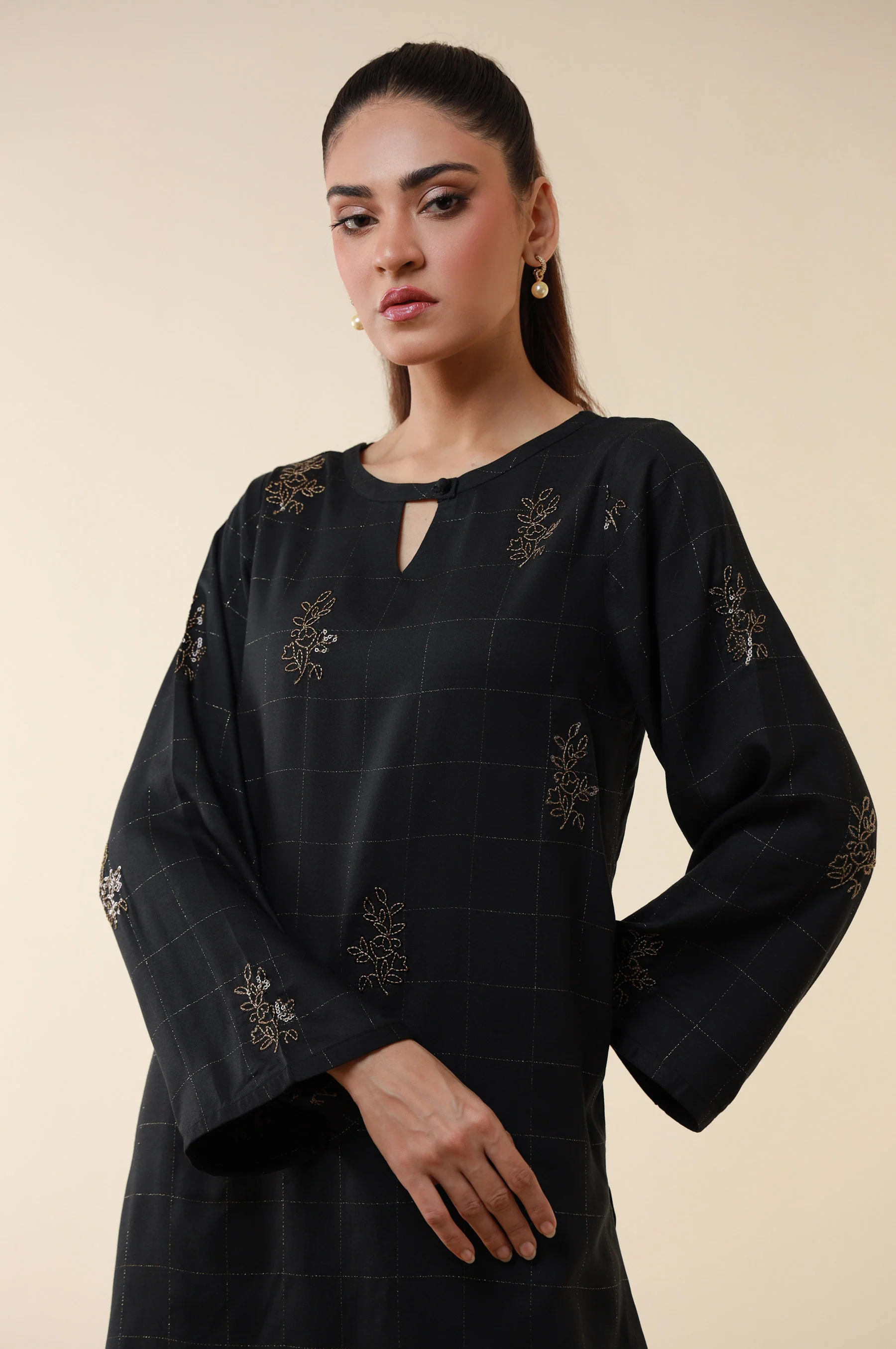 Stitched 2 Piece Embroidered Crepe Lurex Suit - Image 3
