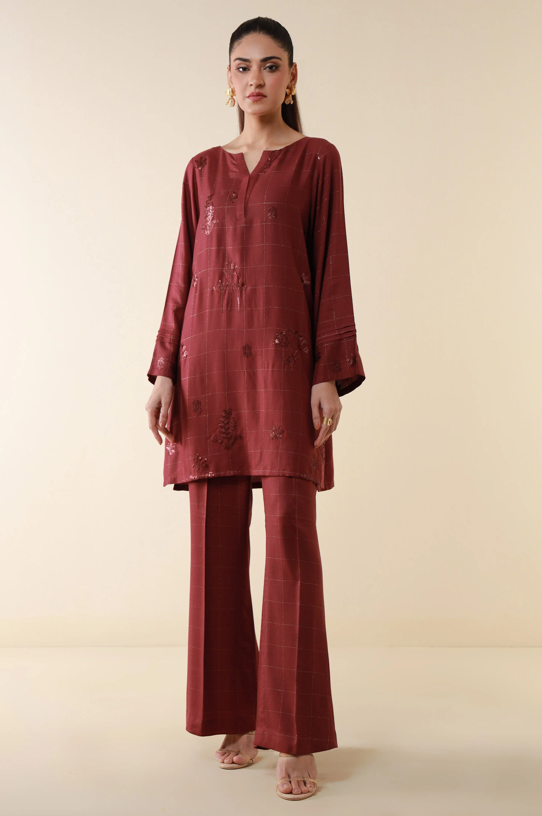 Stitched 2 Piece Embroidered Crepe Lurex Suit - Image 4