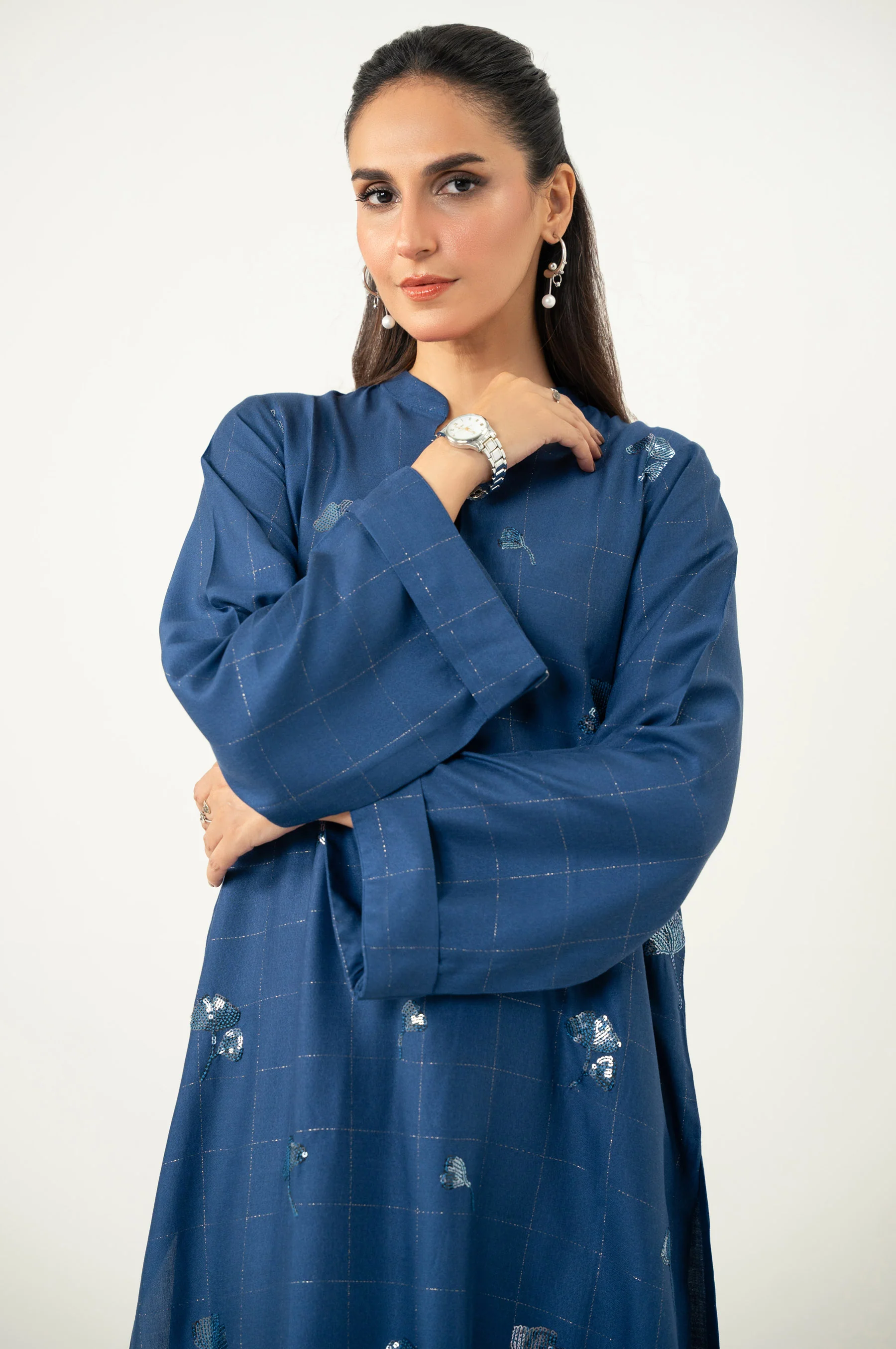 Stitched 2 Piece Embroidered Crepe Lurex Suit - Image 2