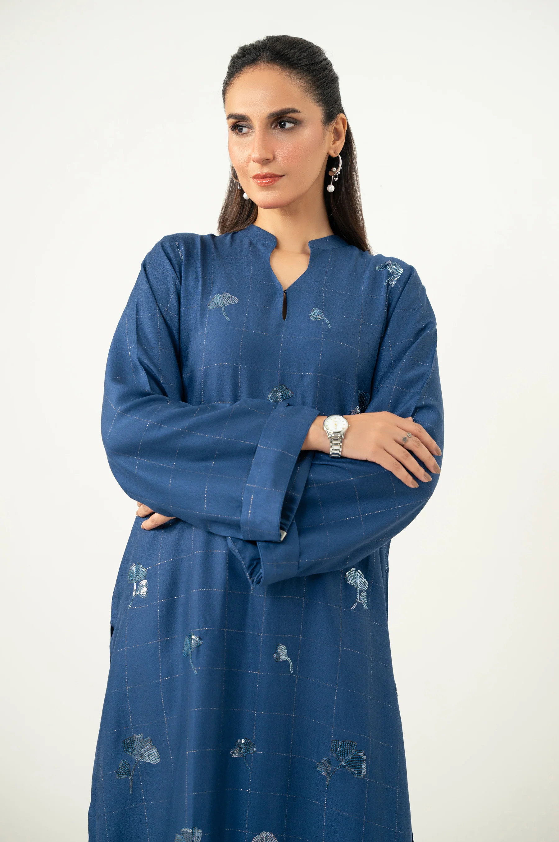 Stitched 2 Piece Embroidered Crepe Lurex Suit - Image 5