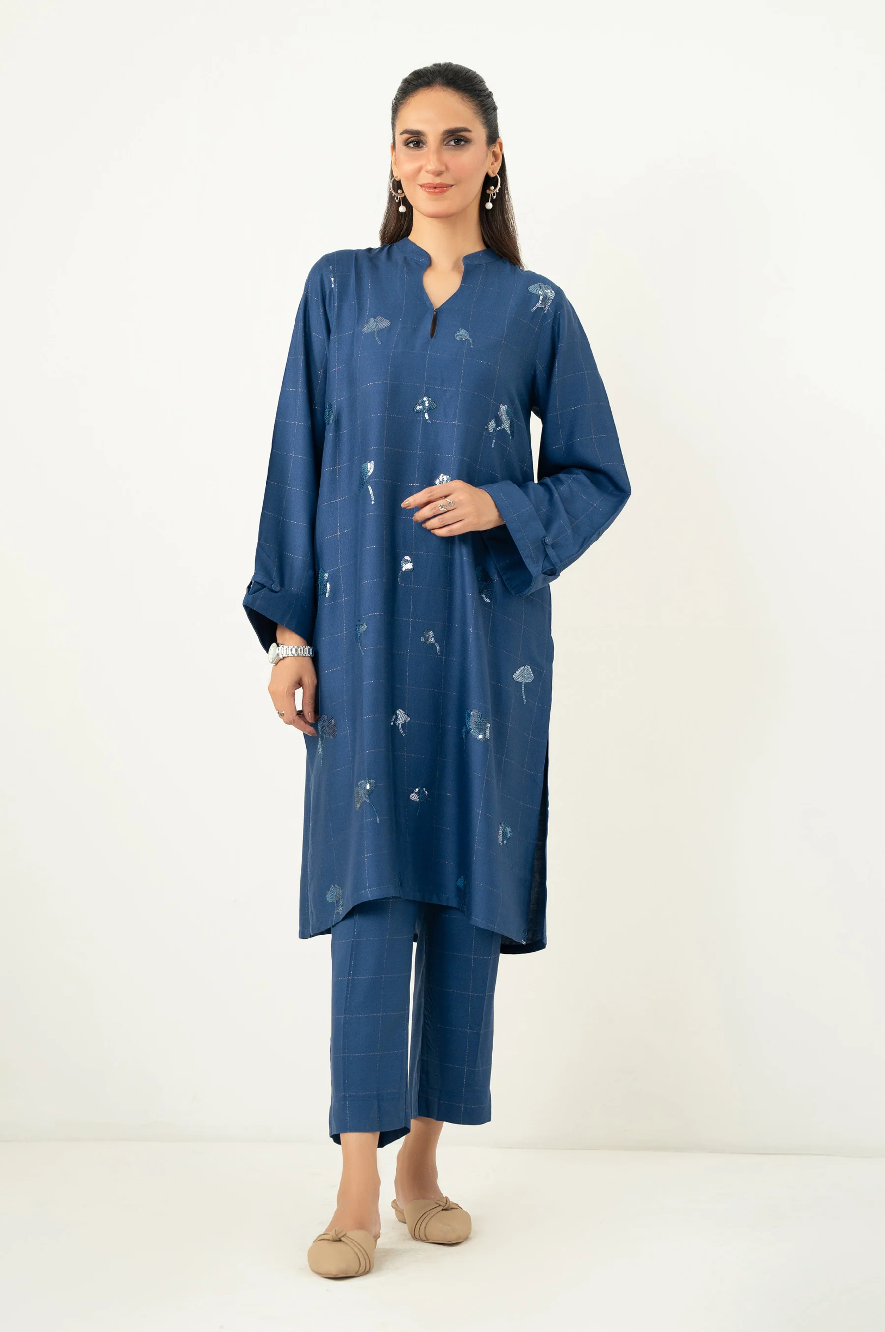Stitched 2 Piece Embroidered Crepe Lurex Suit - Image 6
