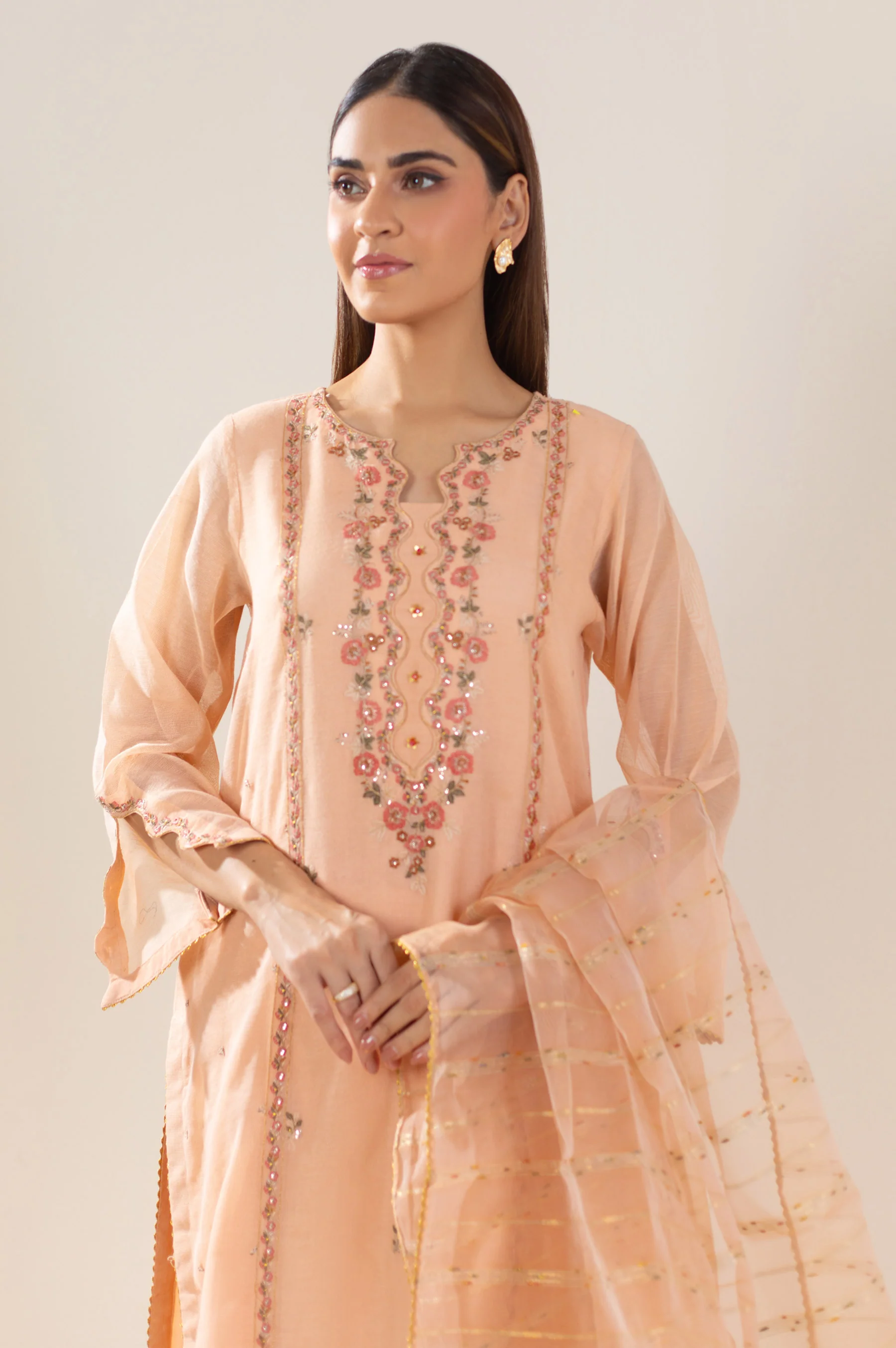 Stitched 2 Piece Embroidered Khaddi Net Outfit - Image 3