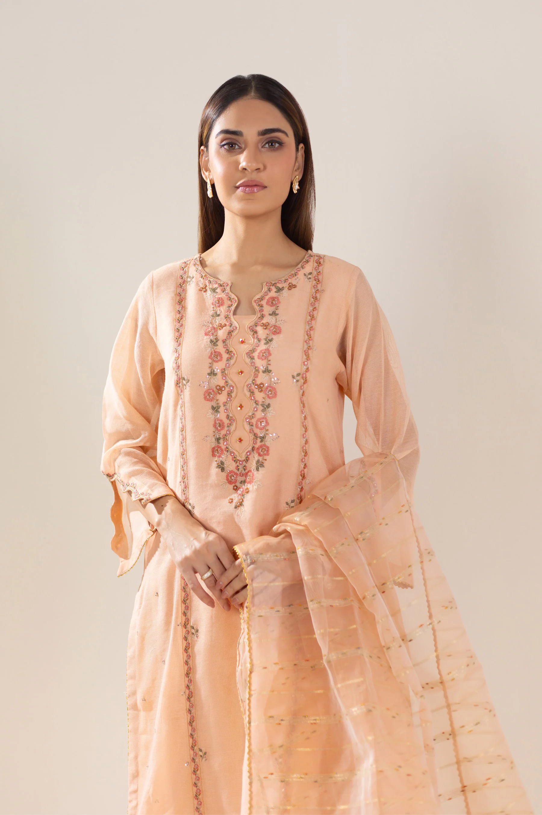 Stitched 2 Piece Embroidered Khaddi Net Outfit - Image 5