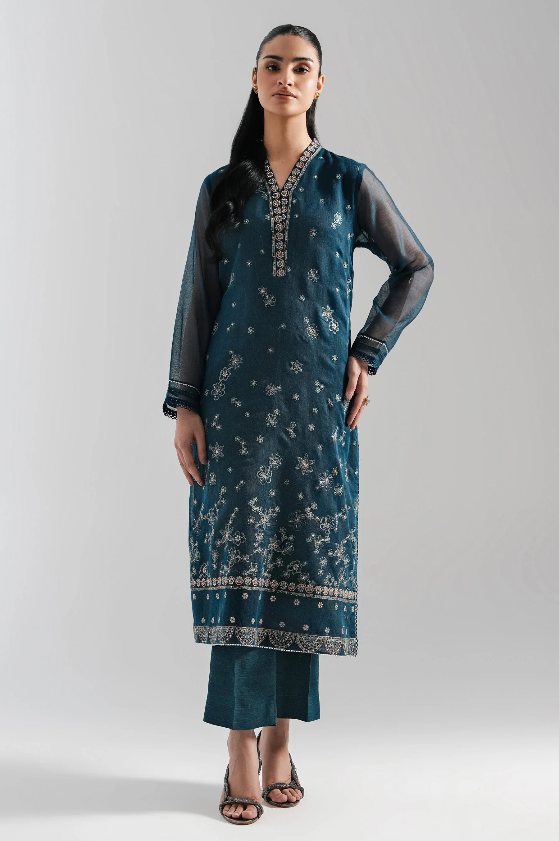 STITCHED EMBROIDERED KHADDI NET SHIRT BOTTOM (FACTORY E-OUTLET)