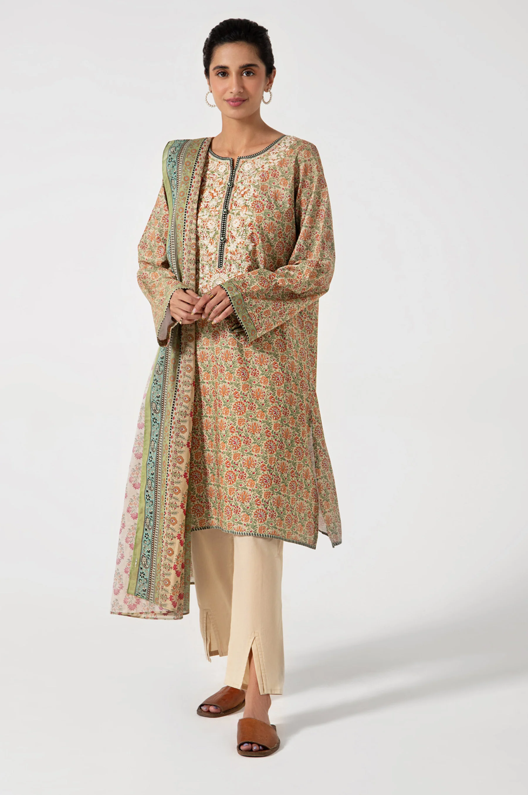 Stitched 2 Piece Embroidered Lawn with Cotton Net Suit - Image 5