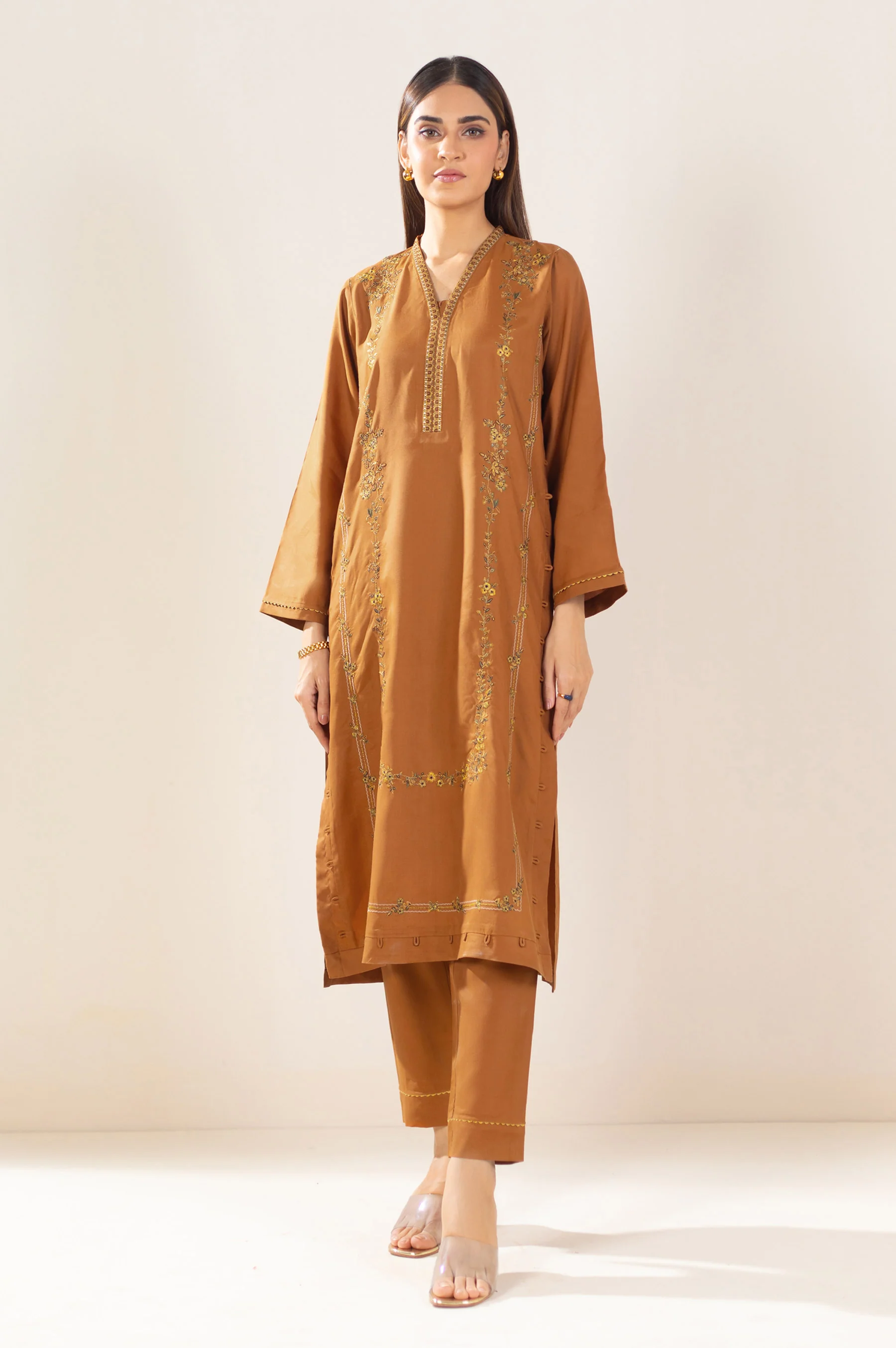 Stitched 2 Piece Embroidered Oak Silk Outfit - Image 2
