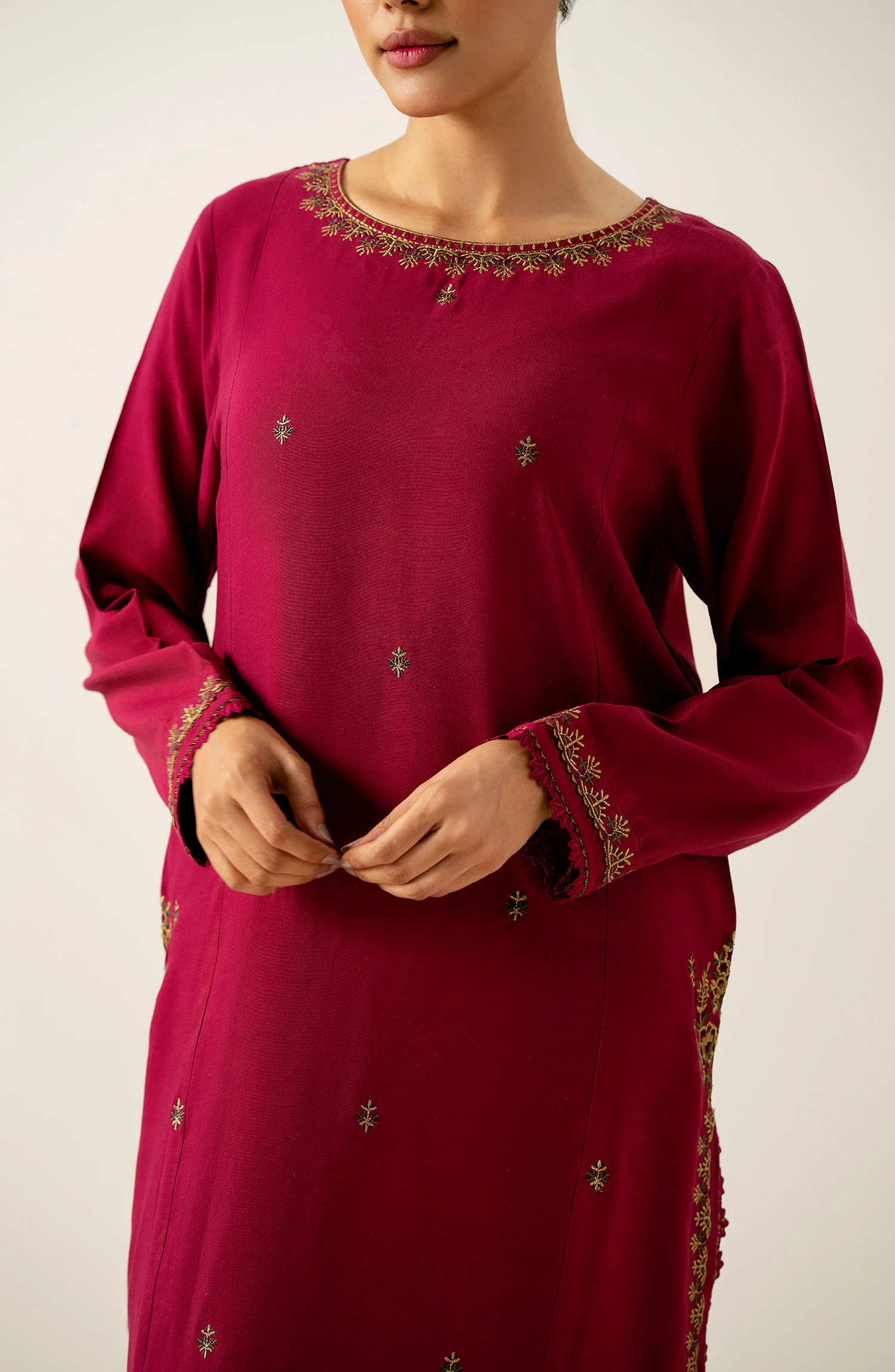 Stitched 2 Piece Embroidered Oak Silk Suit - Image 2