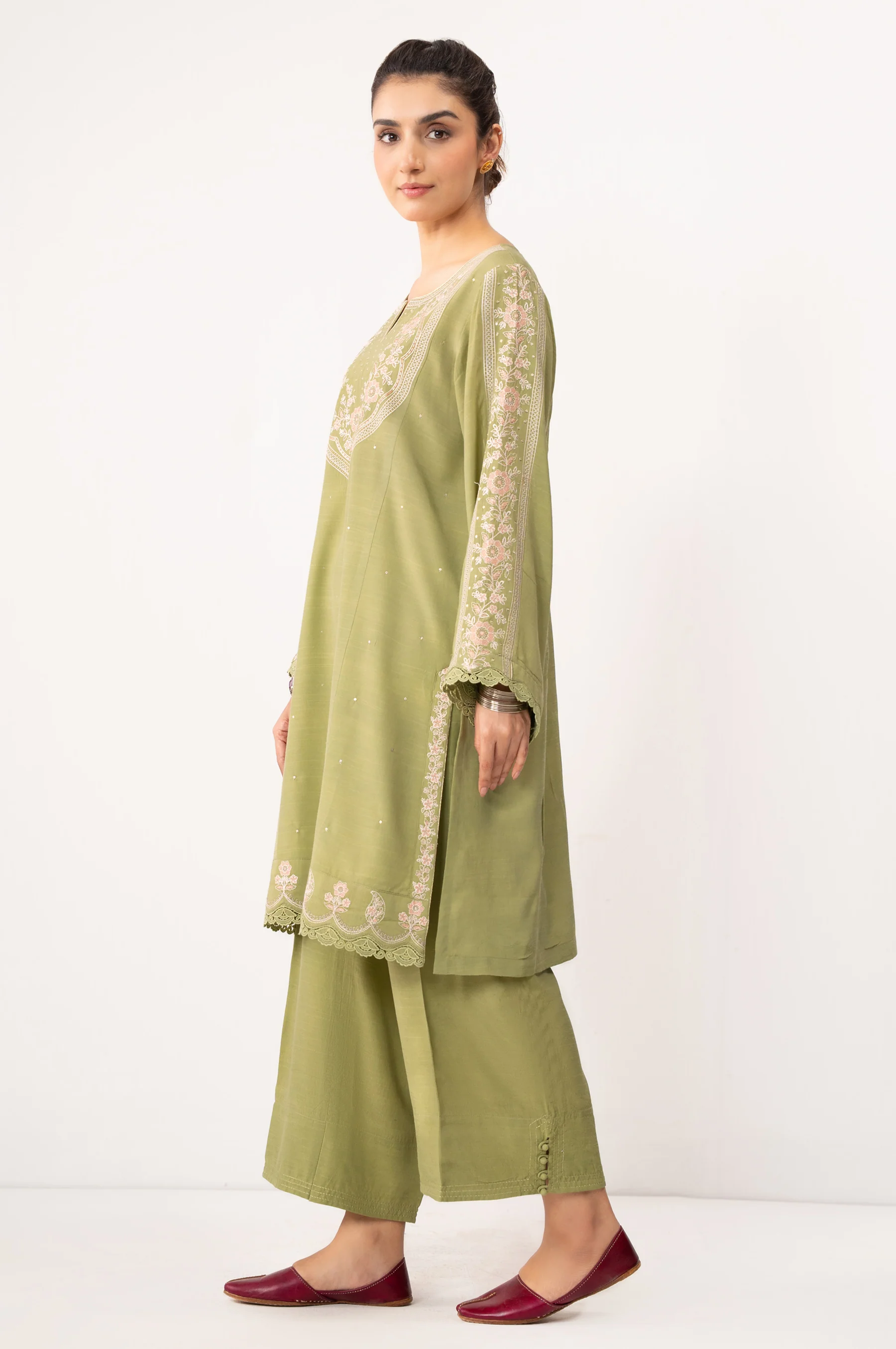 STITCHED EMBROIDERED RAW SILK SHIRT BOTTOM - Image 3