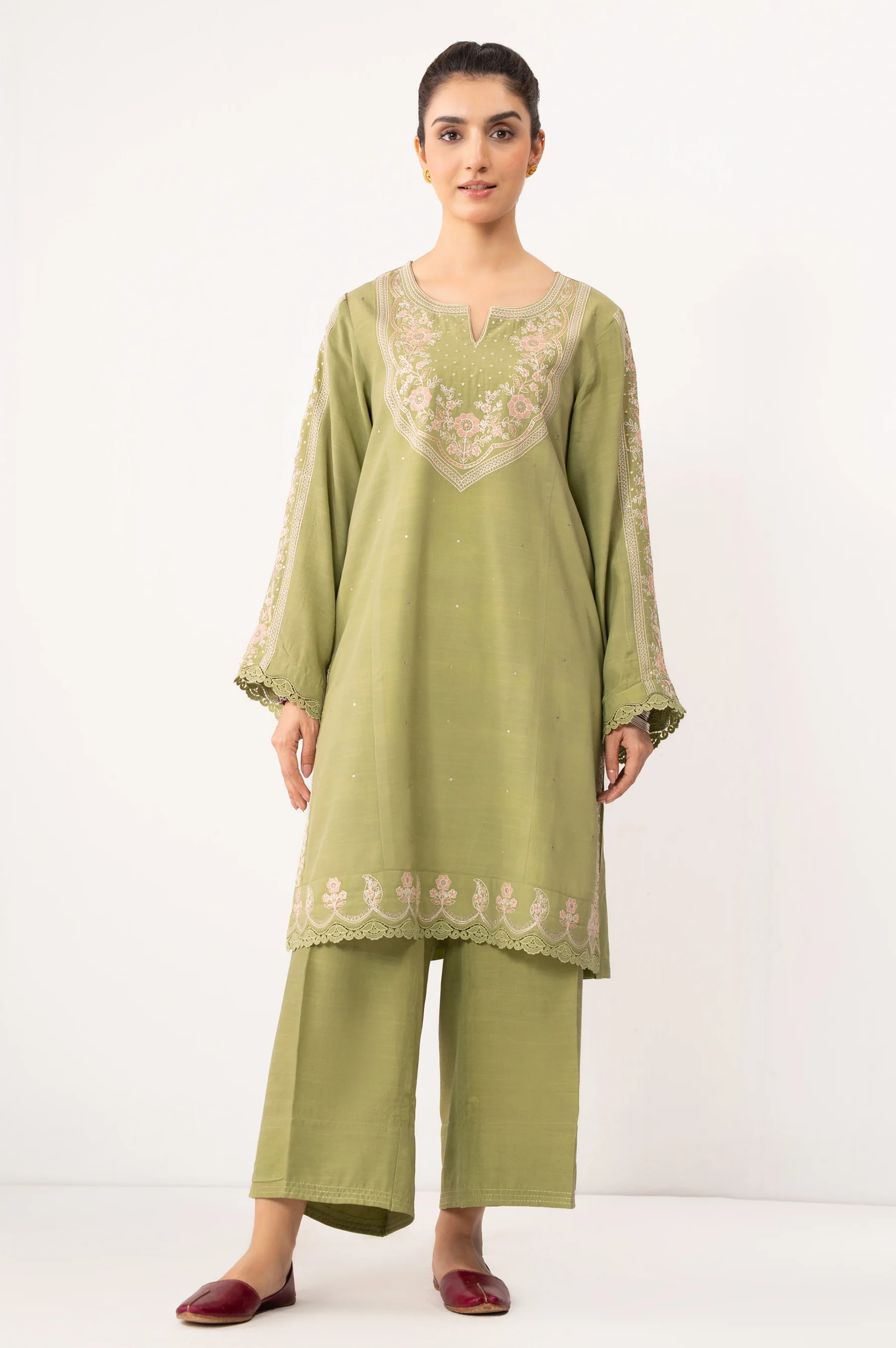 STITCHED EMBROIDERED RAW SILK SHIRT BOTTOM - Image 5