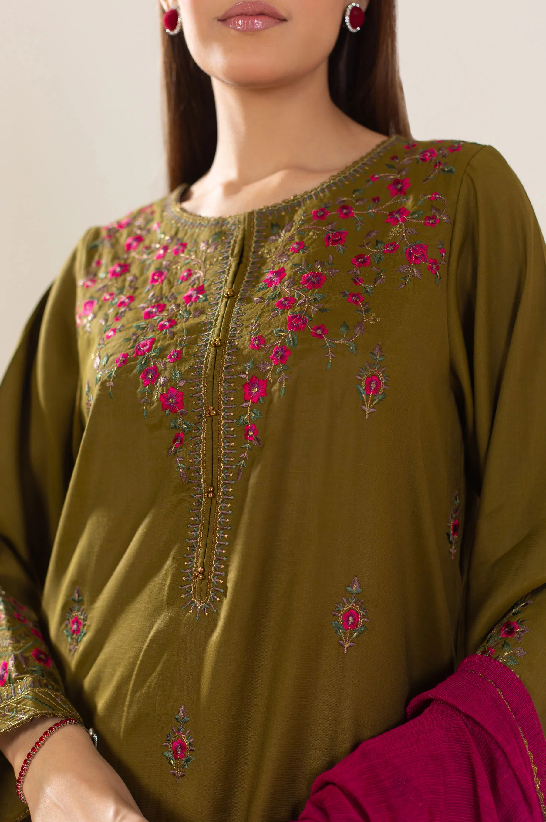 Stitched 2 Piece Embroidered Raw Silk Outfit - Image 6