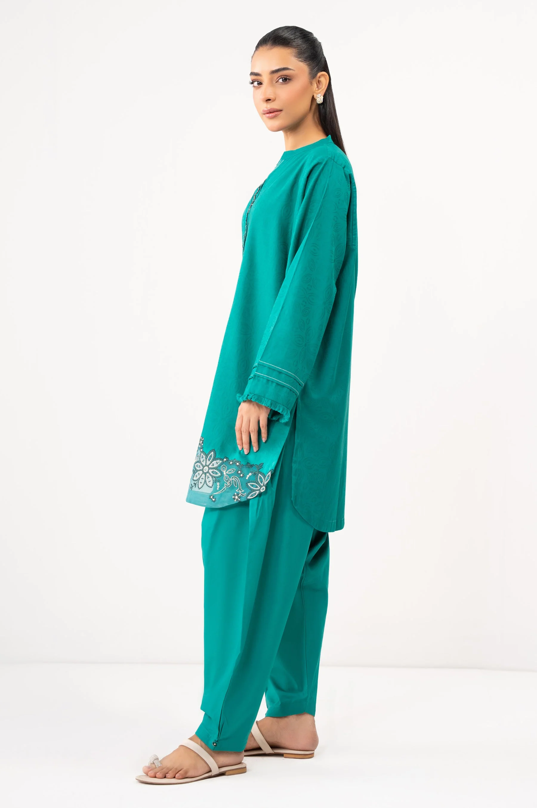STITCHED EMBROIDERED SATIN JACQUARD SHIRT BOTTOM (FACTORY E-OUTLET) - Image 5