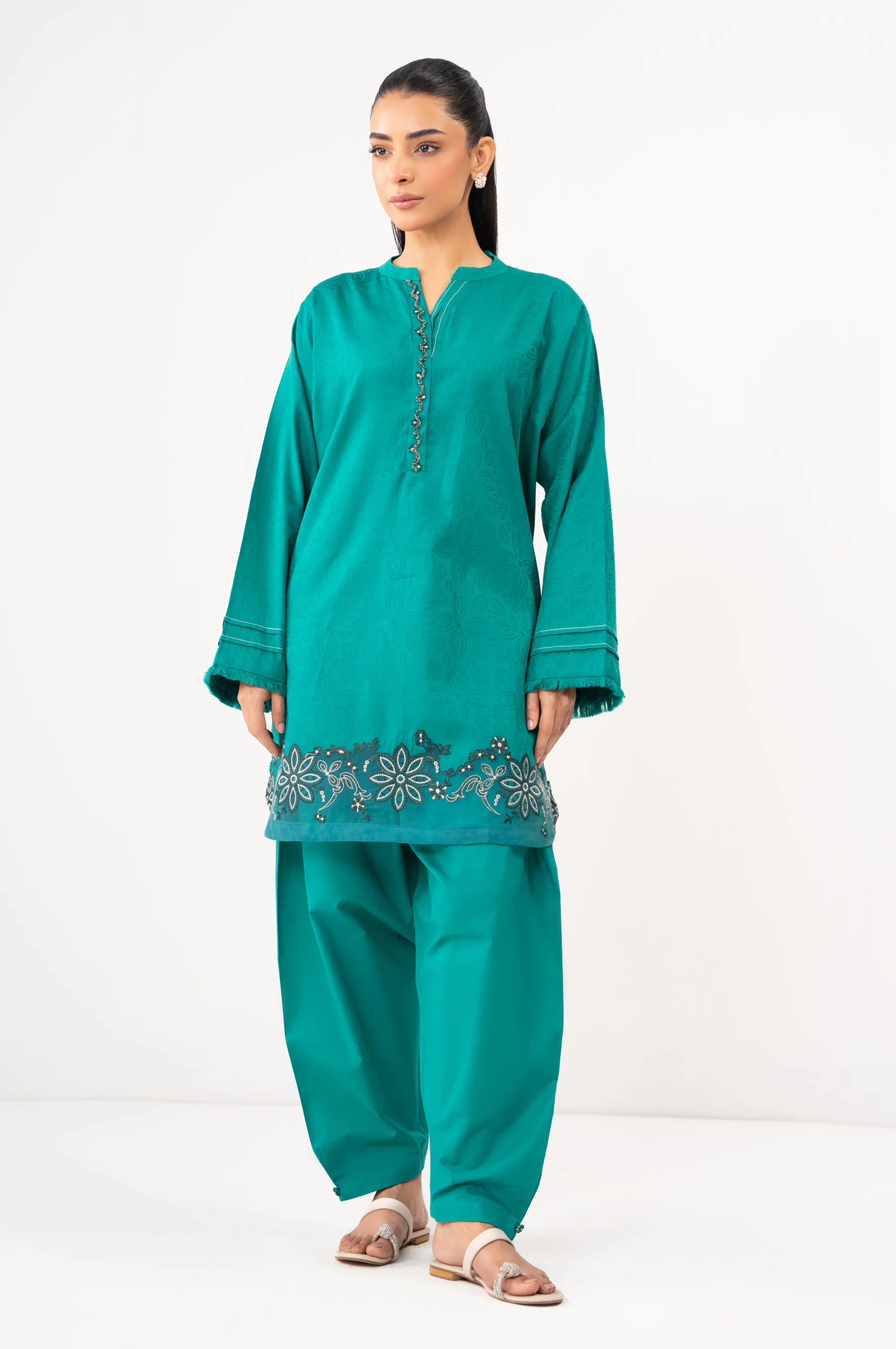 STITCHED EMBROIDERED SATIN JACQUARD SHIRT BOTTOM