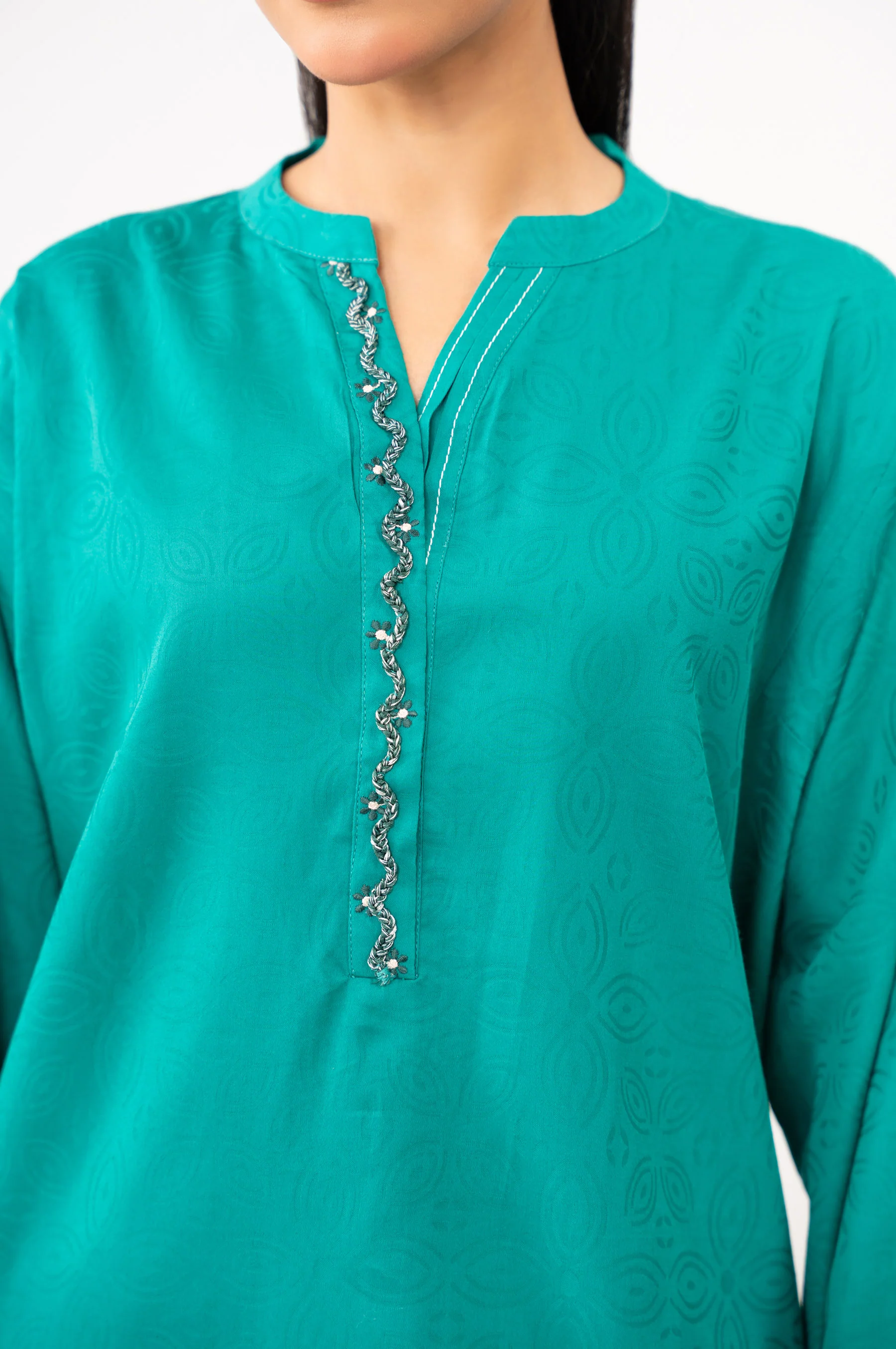 STITCHED EMBROIDERED SATIN JACQUARD SHIRT BOTTOM - Image 2