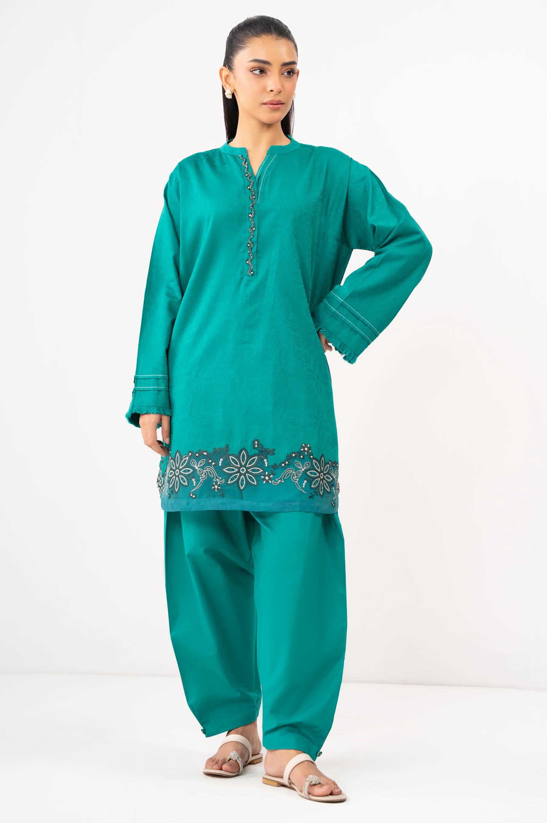 STITCHED EMBROIDERED SATIN JACQUARD SHIRT BOTTOM - Image 3