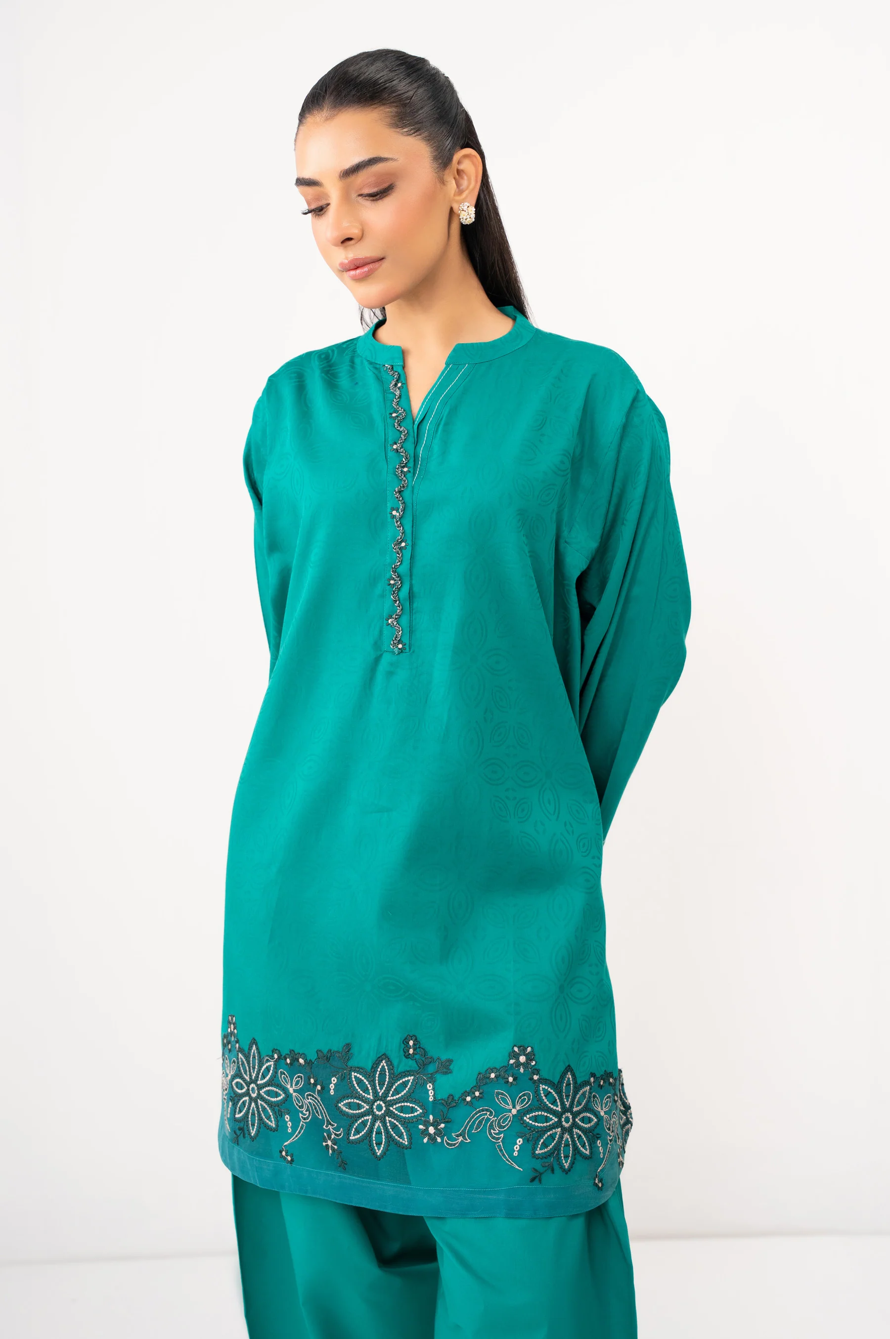 STITCHED EMBROIDERED SATIN JACQUARD SHIRT BOTTOM - Image 4