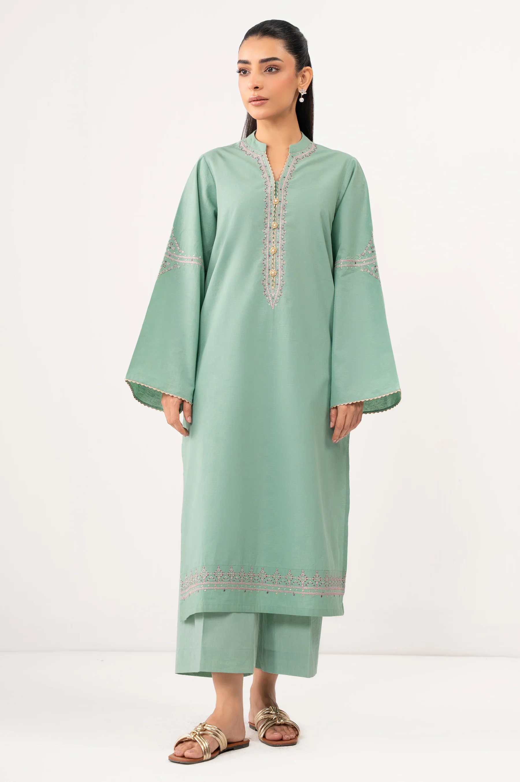 STITCHED EMBROIDERED SATIN JACQUARD SHIRT BOTTOM