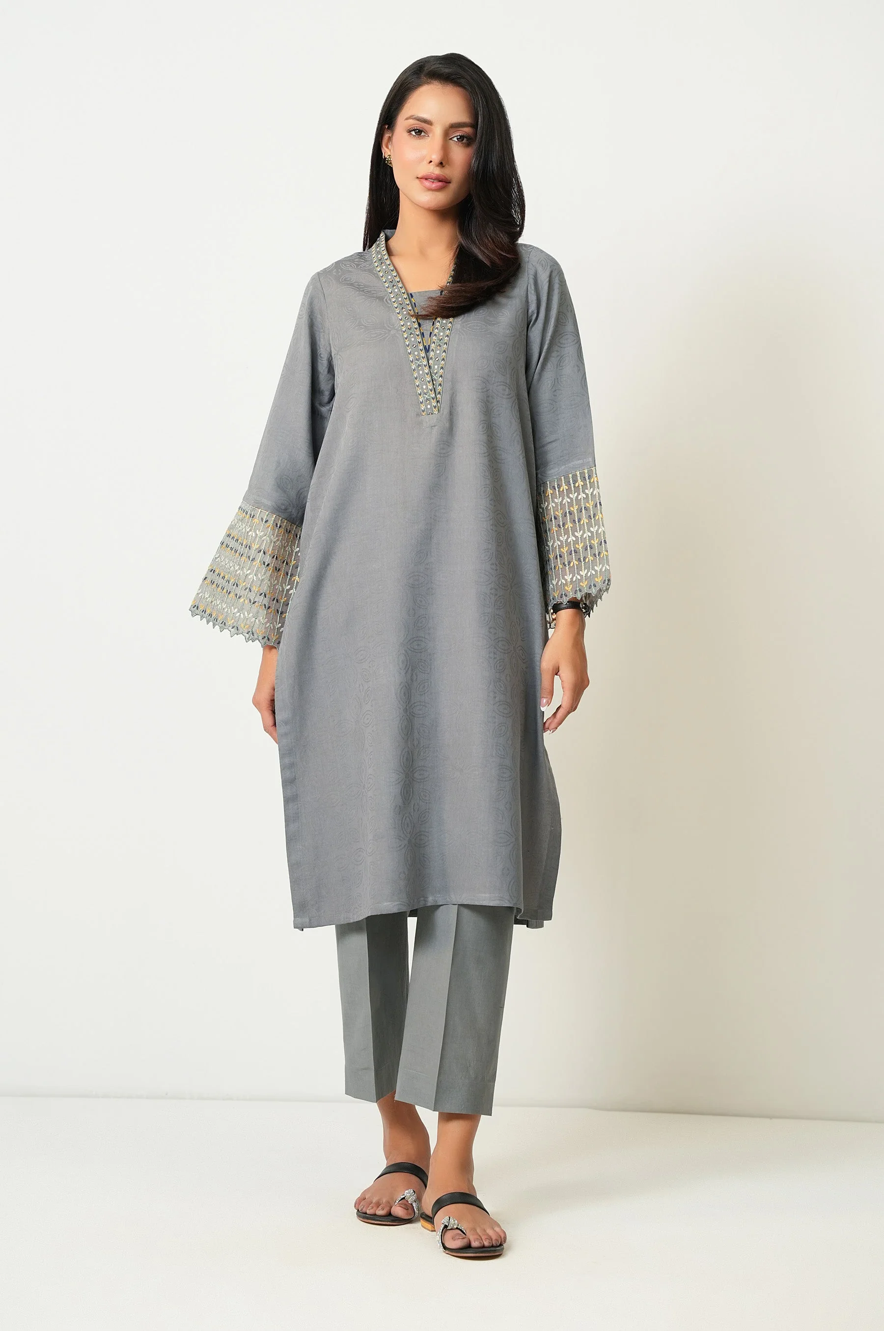 STITCHED EMBROIDERED SATIN JACQUARD SHIRT BOTTOM (FACTORY E-OUTLET)