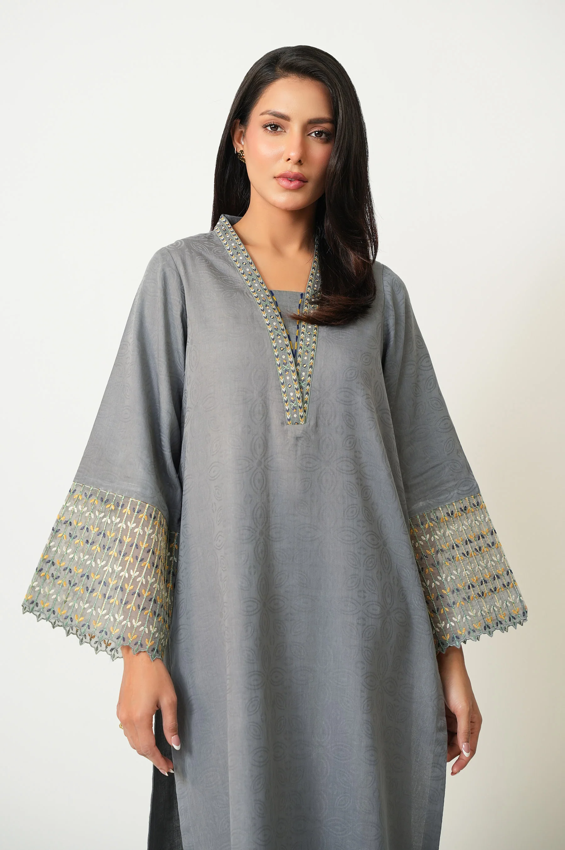 STITCHED EMBROIDERED SATIN JACQUARD SHIRT BOTTOM - Image 2