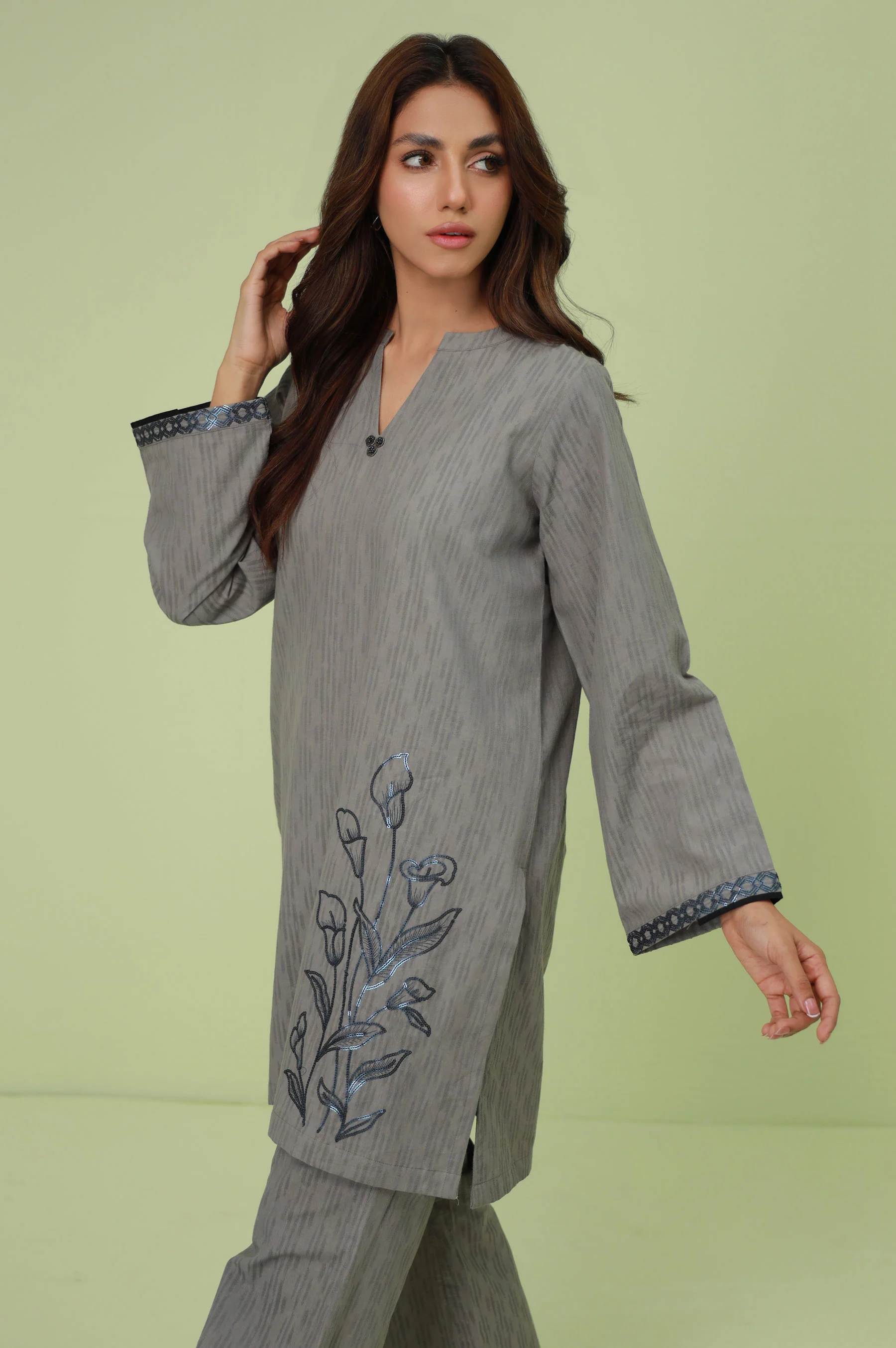 Stitched 2 Piece Embroidered Self-Jacquard Suit - Image 3