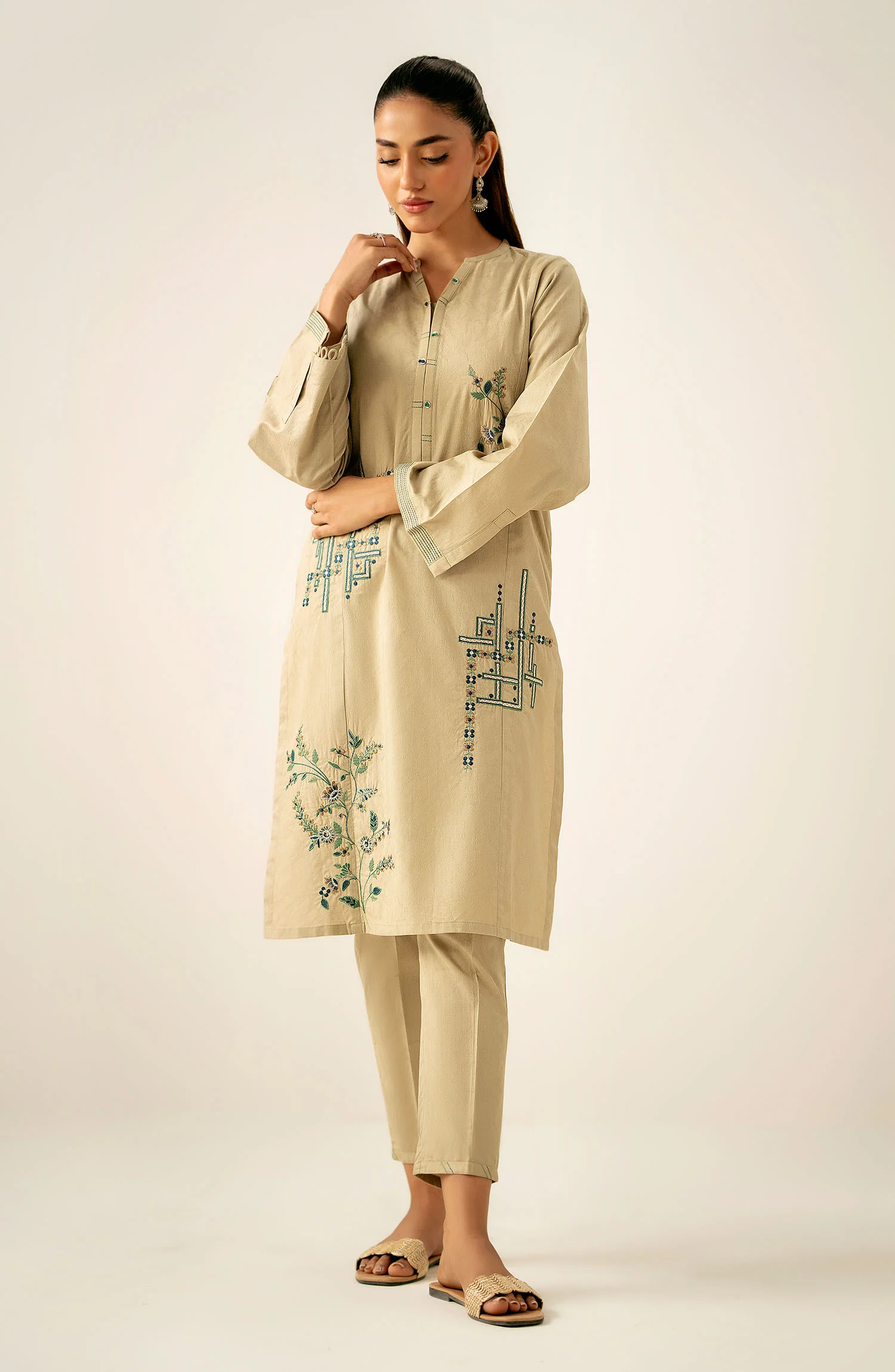 Stitched 2 Piece Embroidered Self Jacquard Suit - Image 6