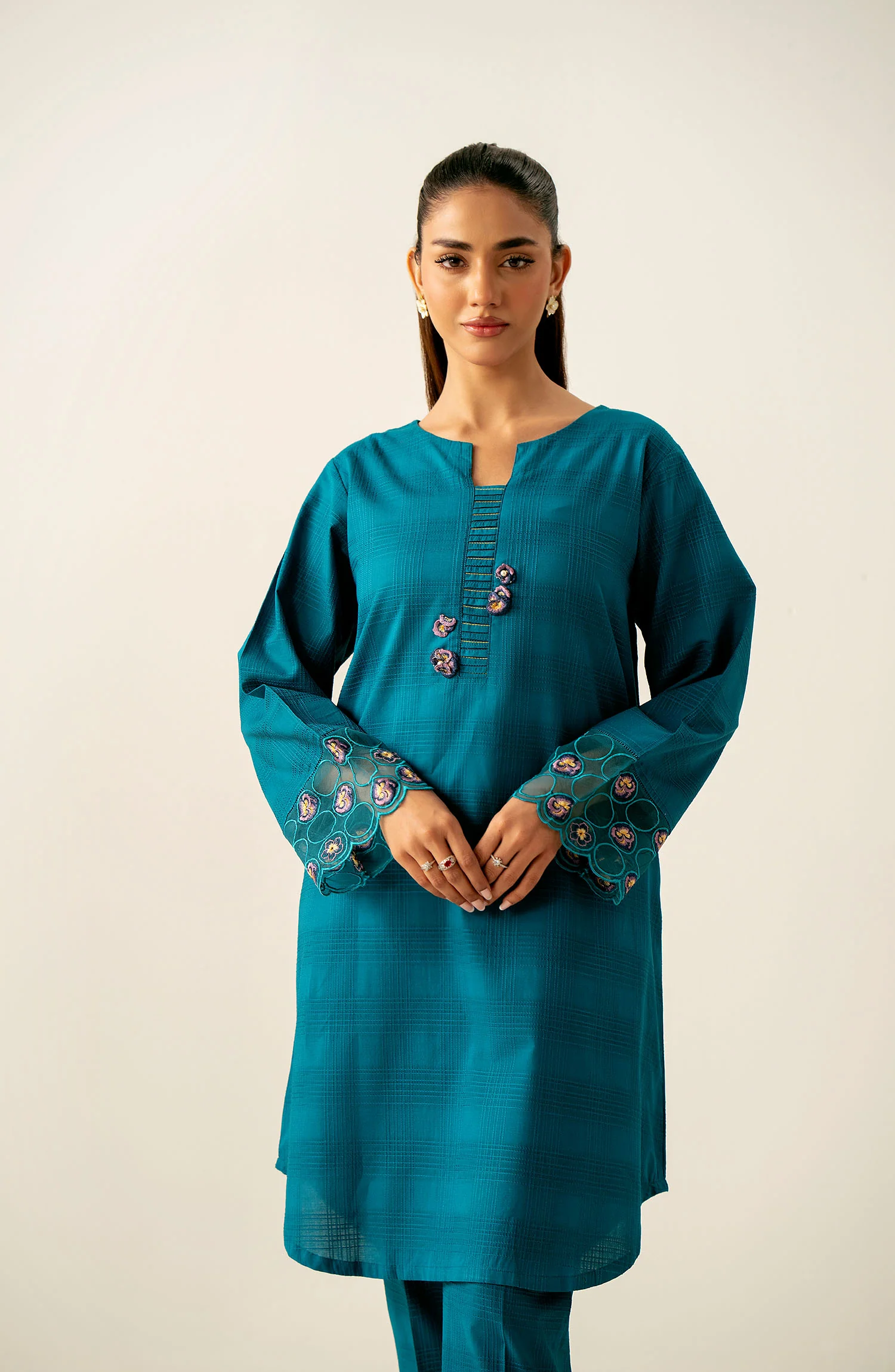 Stitched 2 Piece Embroidered Textured Cotton Suit - Image 2