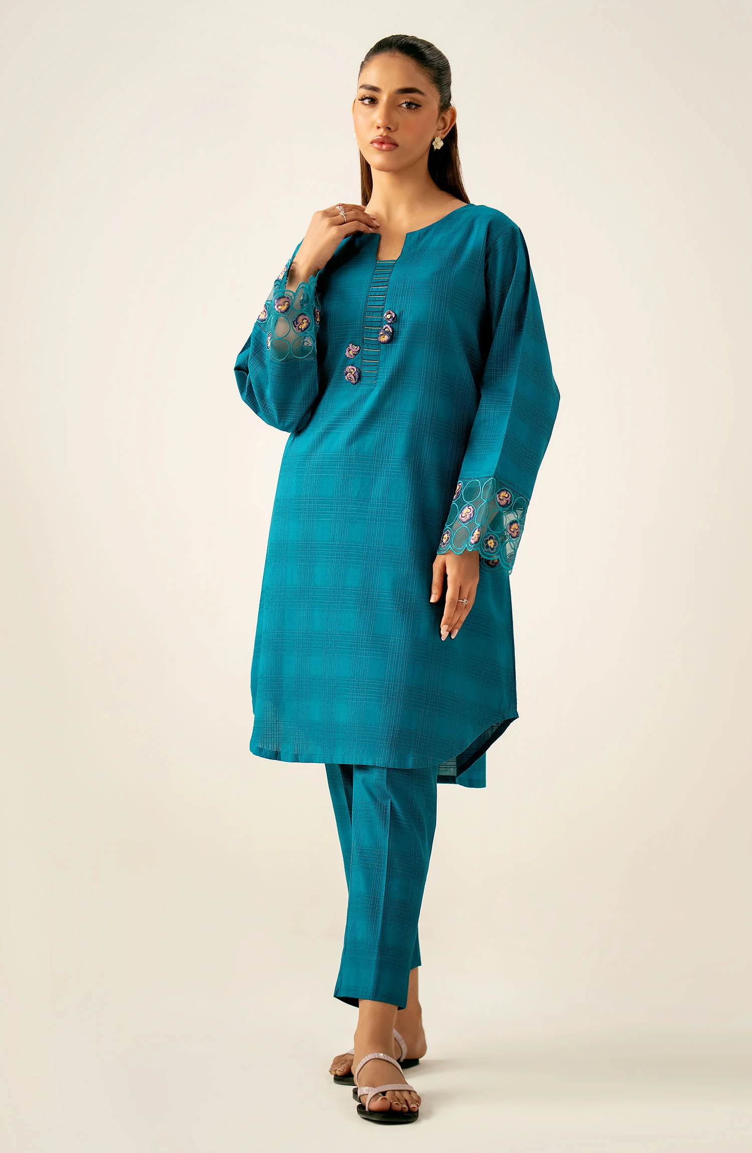Stitched 2 Piece Embroidered Textured Cotton Suit - Image 3