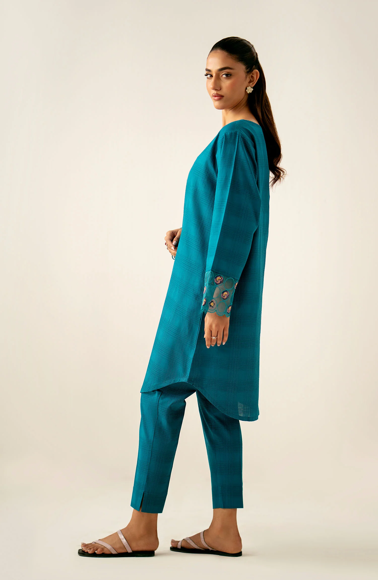 Stitched 2 Piece Embroidered Textured Cotton Suit - Image 5