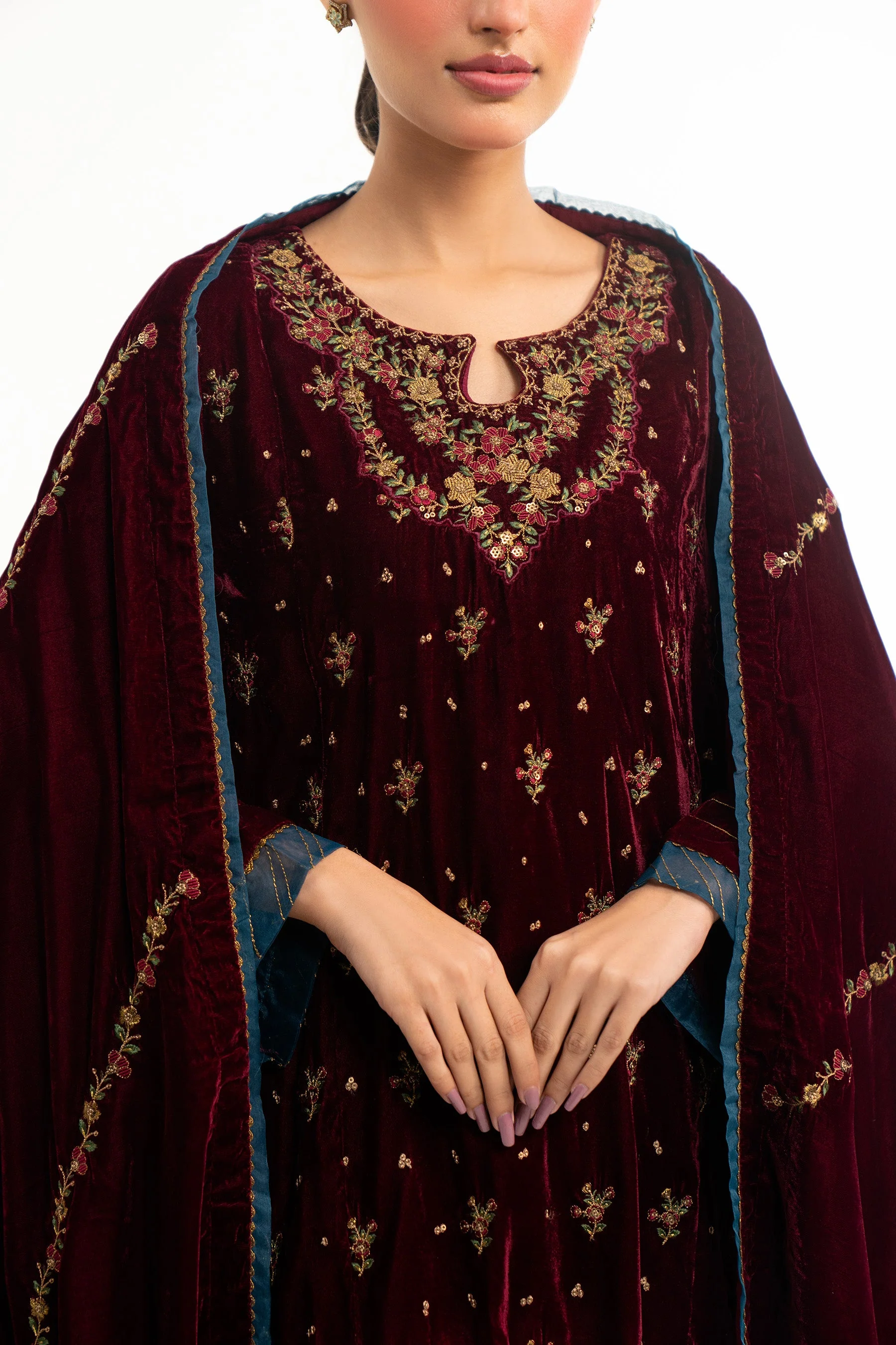 STITCHED EMBROIDERED VELVET SHIRT DUPATTA (FACTORY E-OUTLET) - Image 2