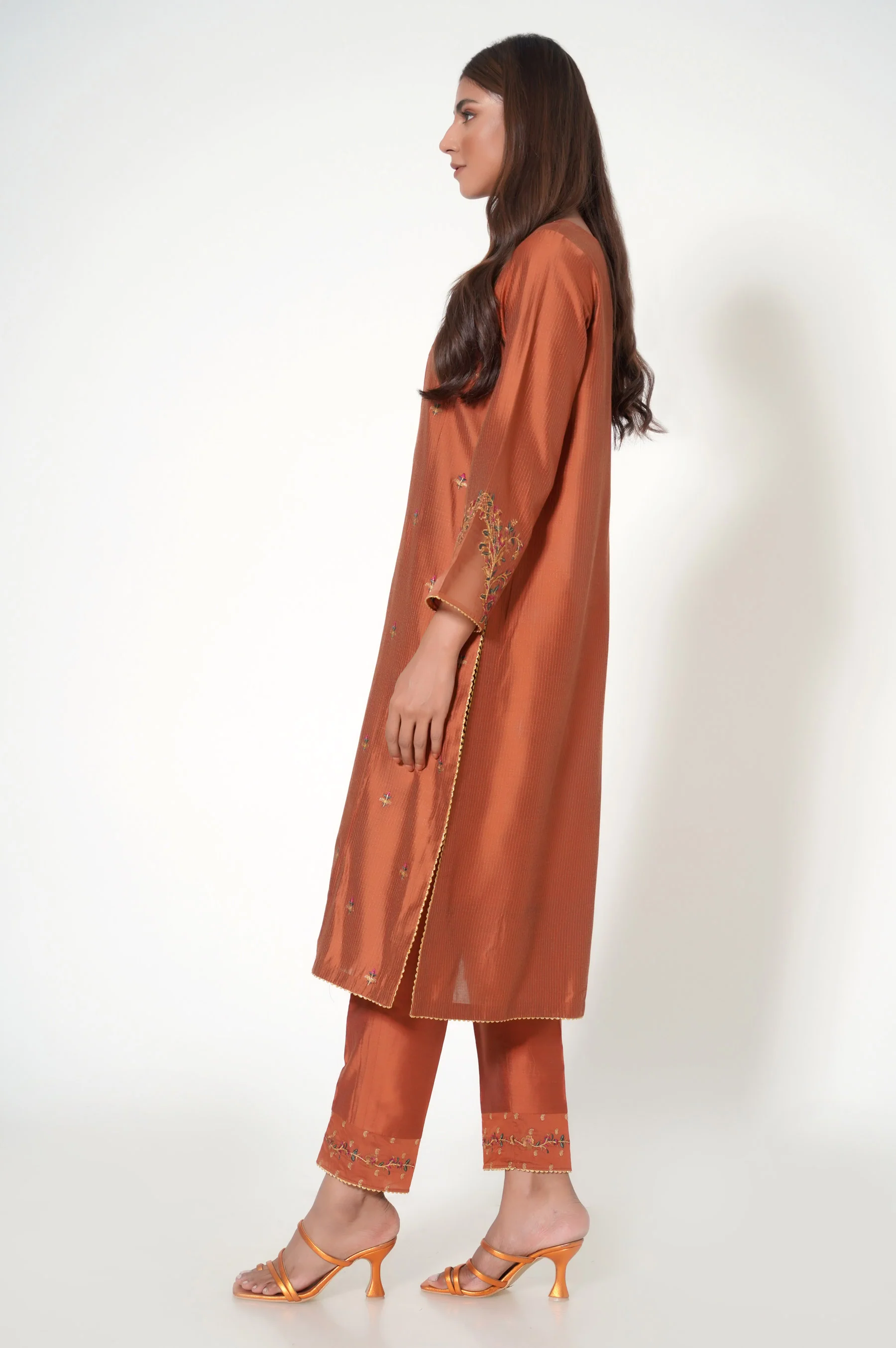 Stitched 2 Piece Embroidered Zari Cotton Silk Outfit - Image 3