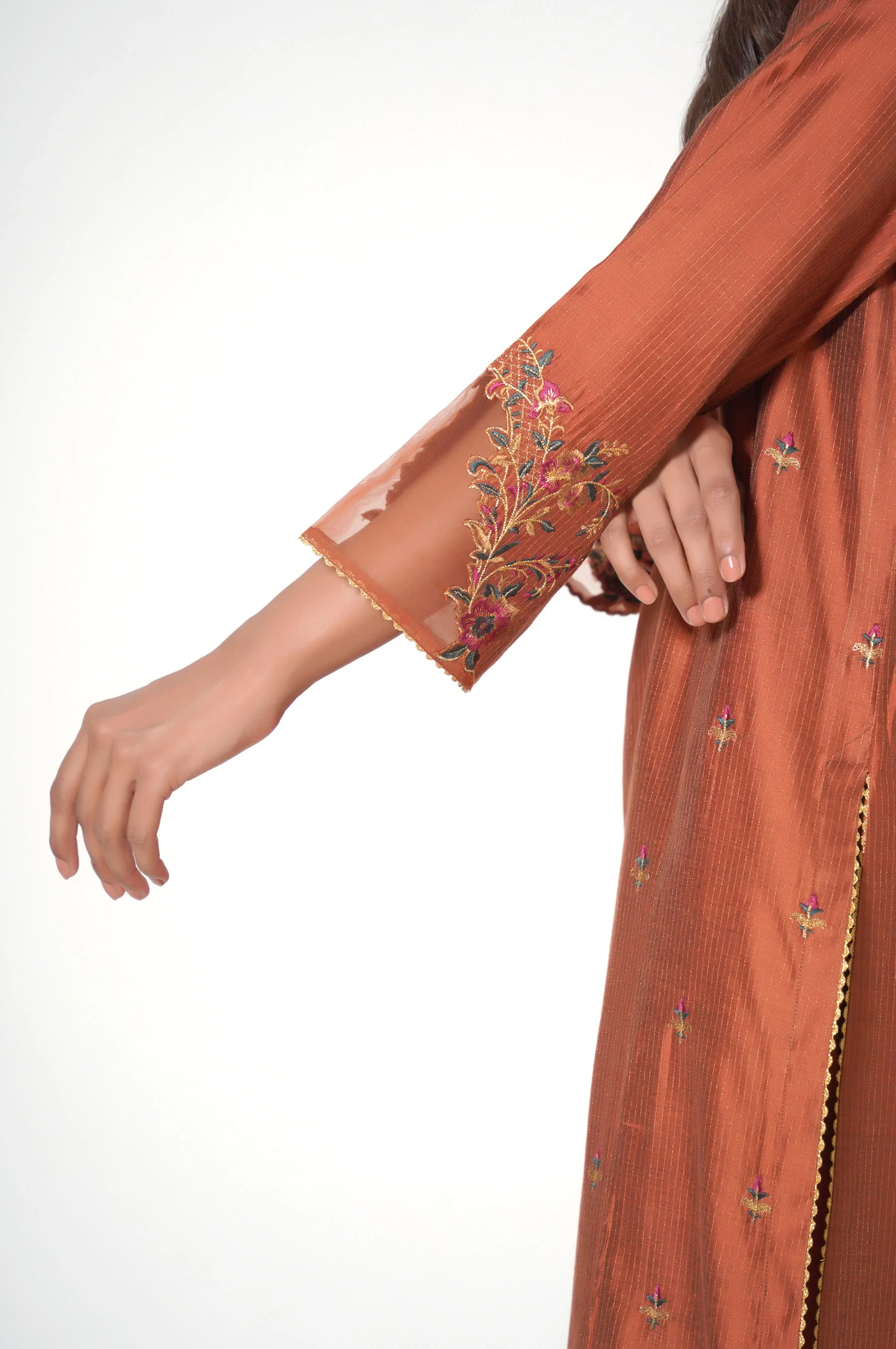 Stitched 2 Piece Embroidered Zari Cotton Silk Outfit - Image 4