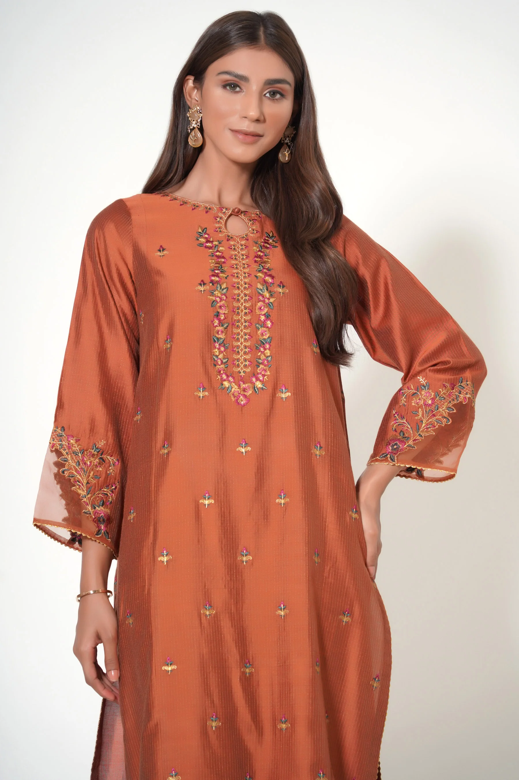 Stitched 2 Piece Embroidered Zari Cotton Silk Outfit - Image 5