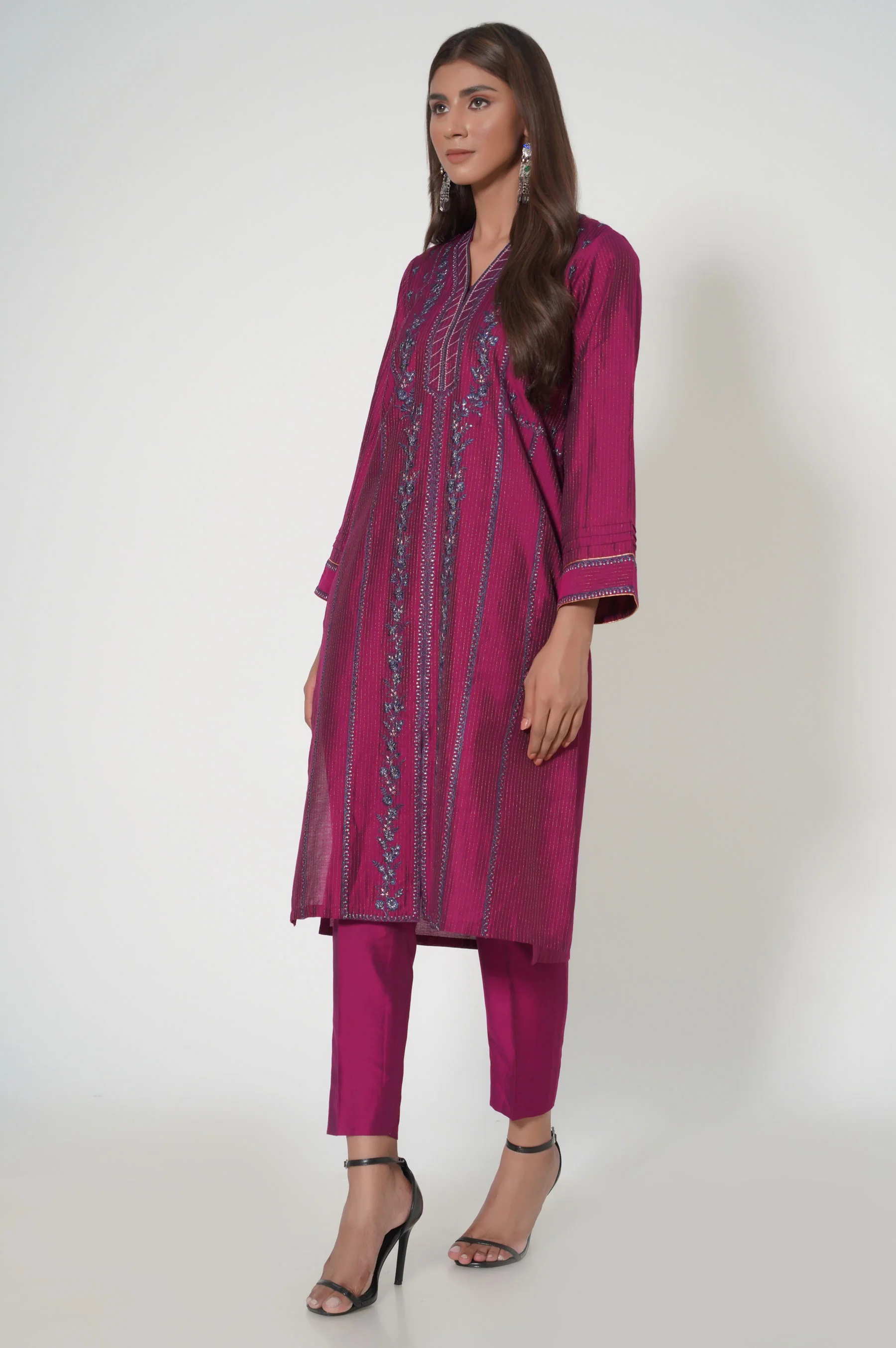 Stitched 2 Piece Embroidered Zari Cotton Silk Outfit - Image 3
