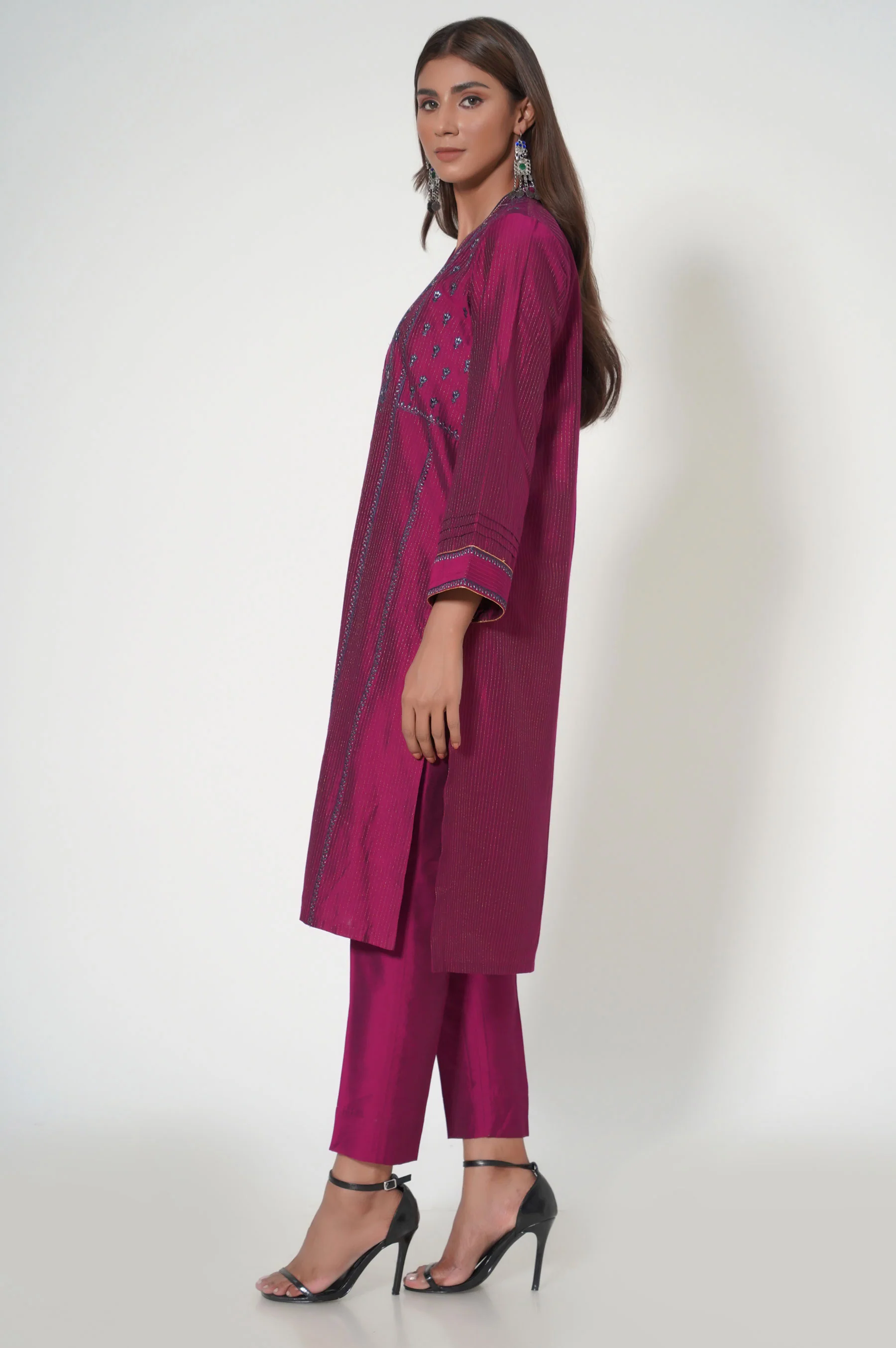 Stitched 2 Piece Embroidered Zari Cotton Silk Outfit - Image 5