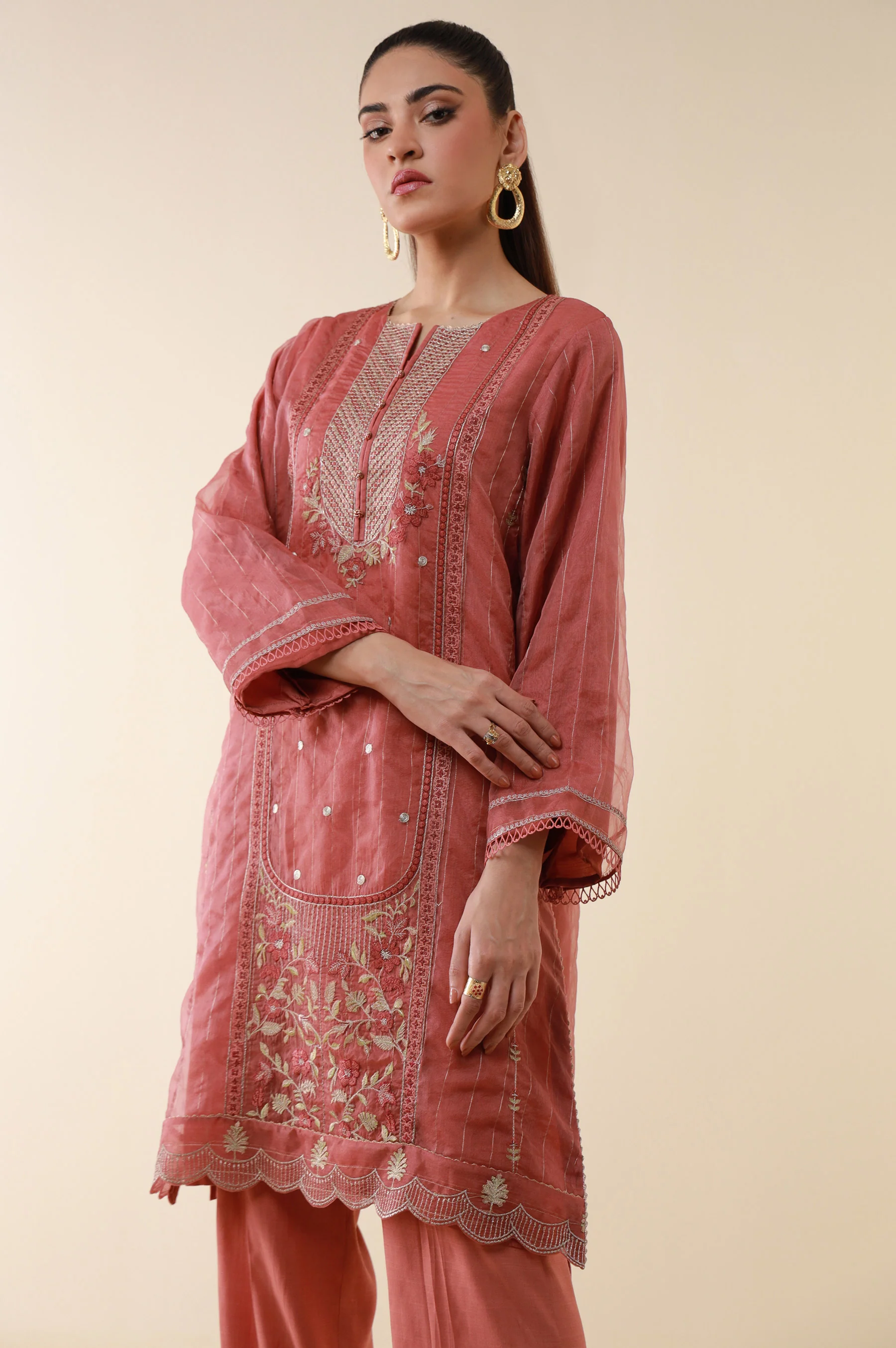 Stitched 2 Piece Embroidered Zari Line Organza Suit - Image 4